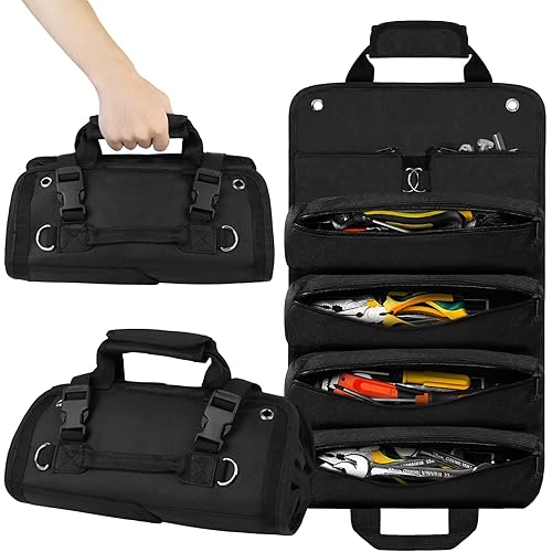 Tool Roll Bag, Roll Up Tool Pouch, Heavy Duty Tool Bag Organizer with Detachable Pouches, Roll Up Tool Bag for Mechanic & Electrician, Gifts for Men (Black)