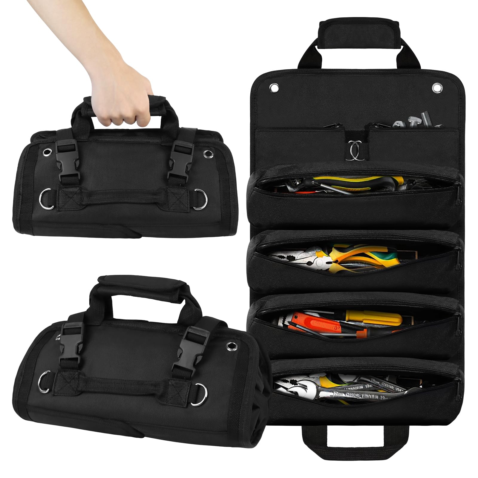 Tool Roll Bag, Roll Up Tool Pouch, Heavy Duty Tool Bag Organizer with Detachable Pouches, Roll Up Tool Bag for Mechanic & Electrician, Gifts for Men (Black)