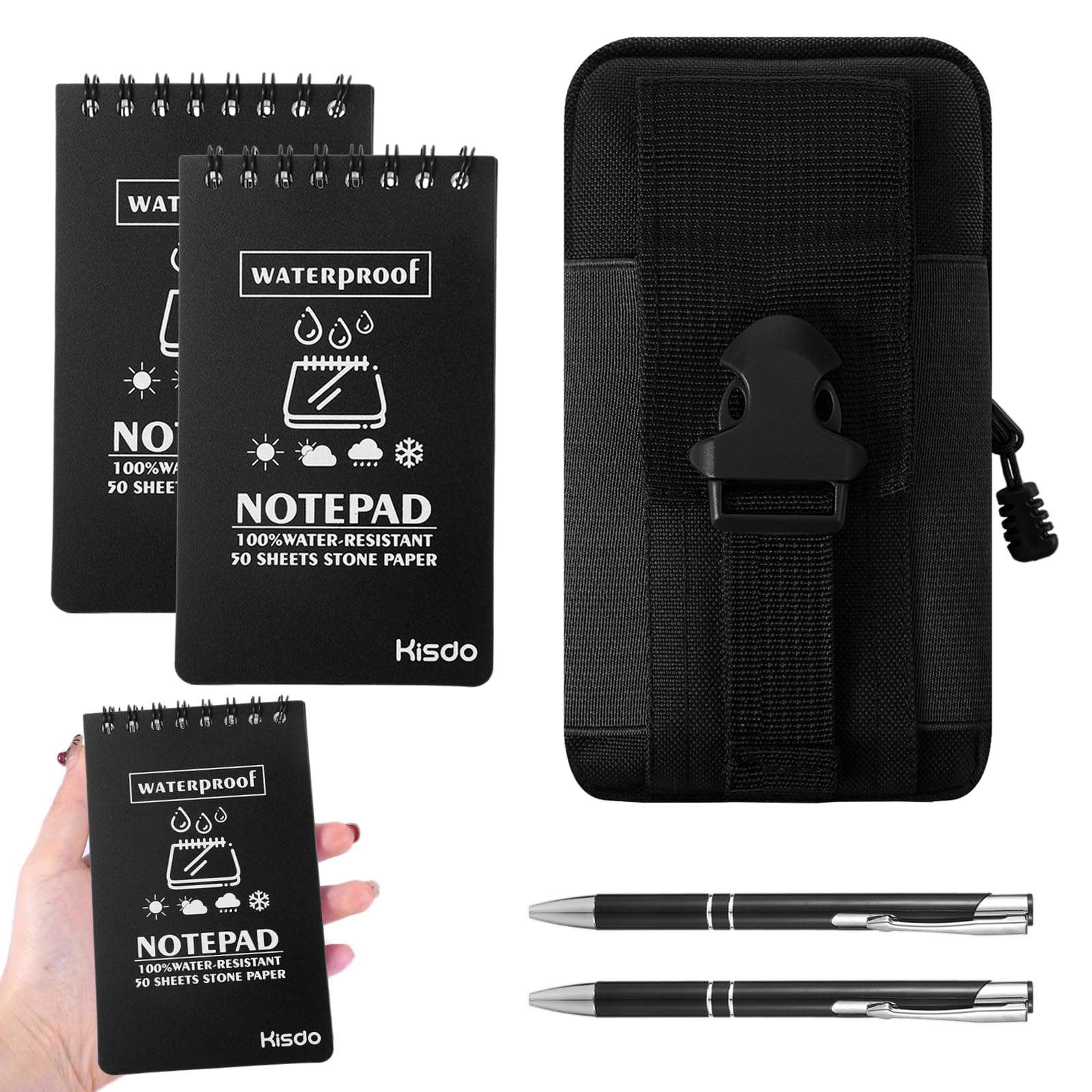 ChauLanBow Waterproof Notebook and Pen Set, 3 Pack Mini Waterproof Notepad with 2 Tactical Pens & Waist Pouch, Black Pocket Notepad 5x3in, Reporters Notebook Spiral for Outdoor Hiking Camping Office
