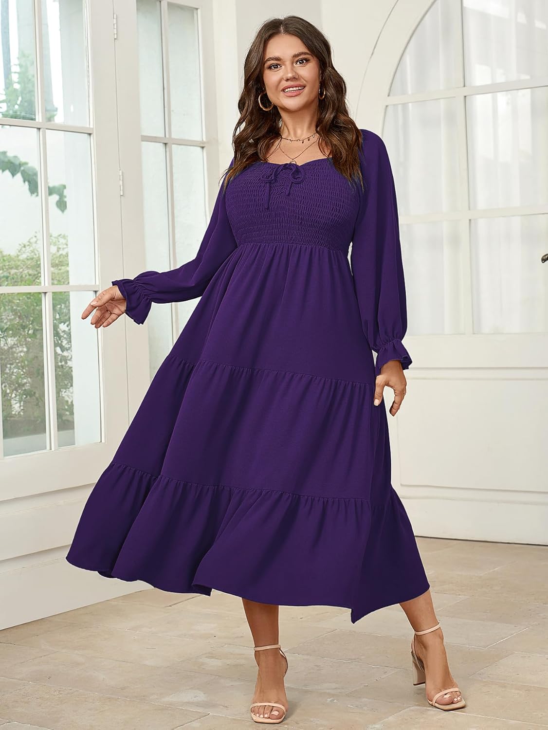 Womens Plus Size Flowy Maxi Dress Long Sleeve Square Neck Smocked A Line Formal Long Dresses for Women Wedding Guest - Image 4