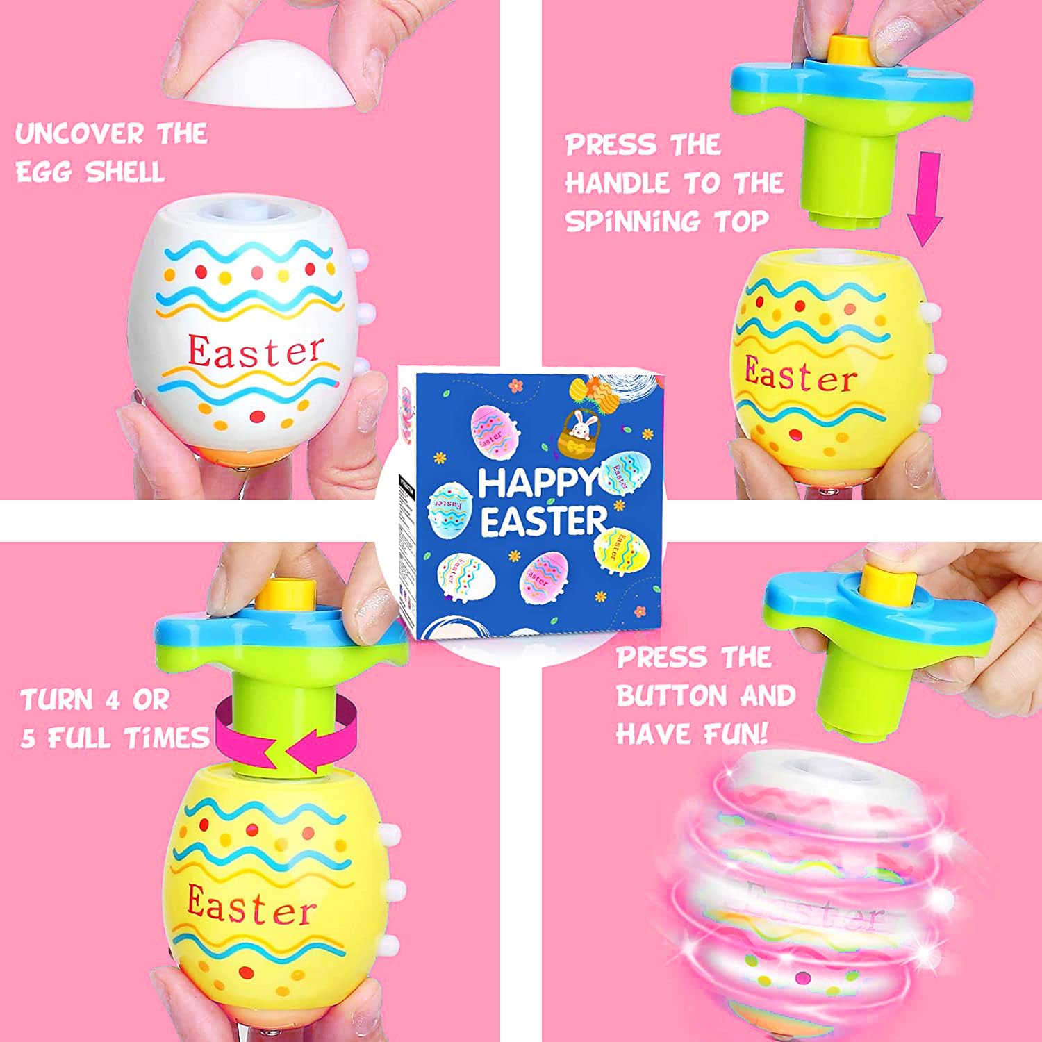 Easter Eggs Toys for Kids, 6 Pack Spinning Top Easter Eggs with Lighting & Music, Fun Easter Basket Fillers, Party Favor Gift for Boys & Girls Ages 3-6