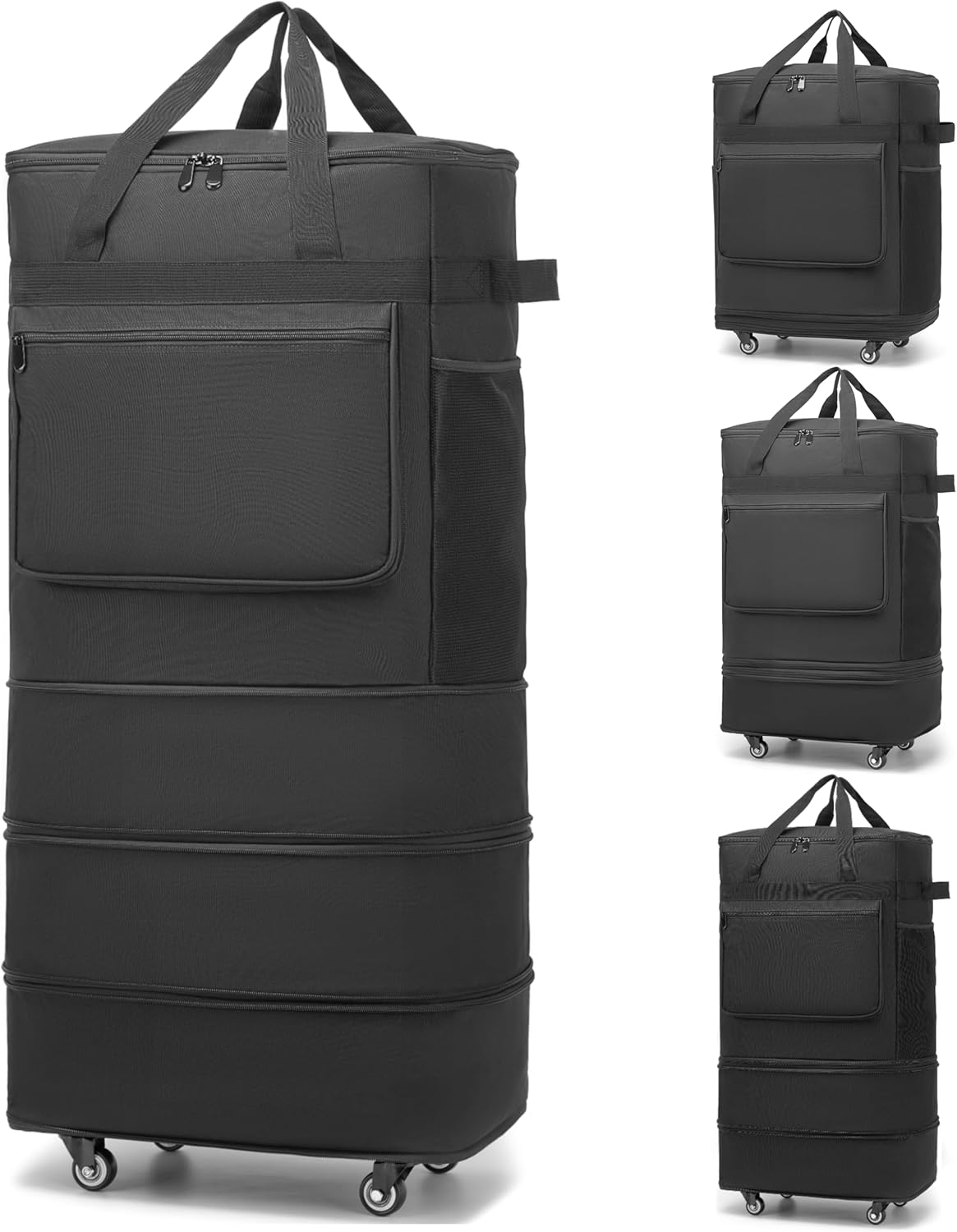 Foldable Duffel Bag, Large Expandable Rolling Travel Duffle Bag with Wheels Waterproof Collapsible Carry on Luggage for Women Men Duffel Bag with Wheels and Handle-Black