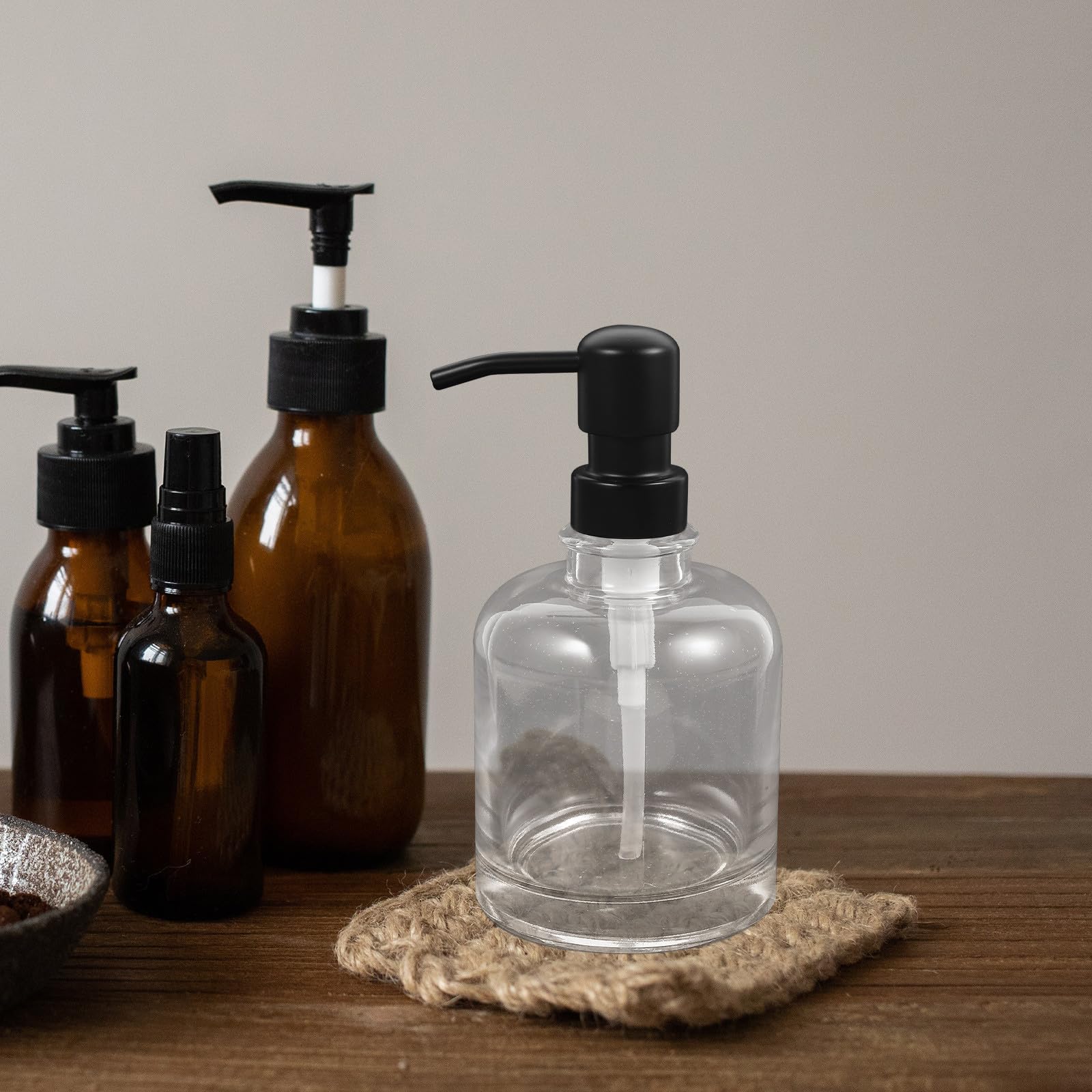 Botella Dispensadora de Champú 12 Onzas de Vidrio con Bomba | 2 Piezas, Diseño Simple y Transparente, Uso en Oficina y Baño, Anti-óxido y Portátil