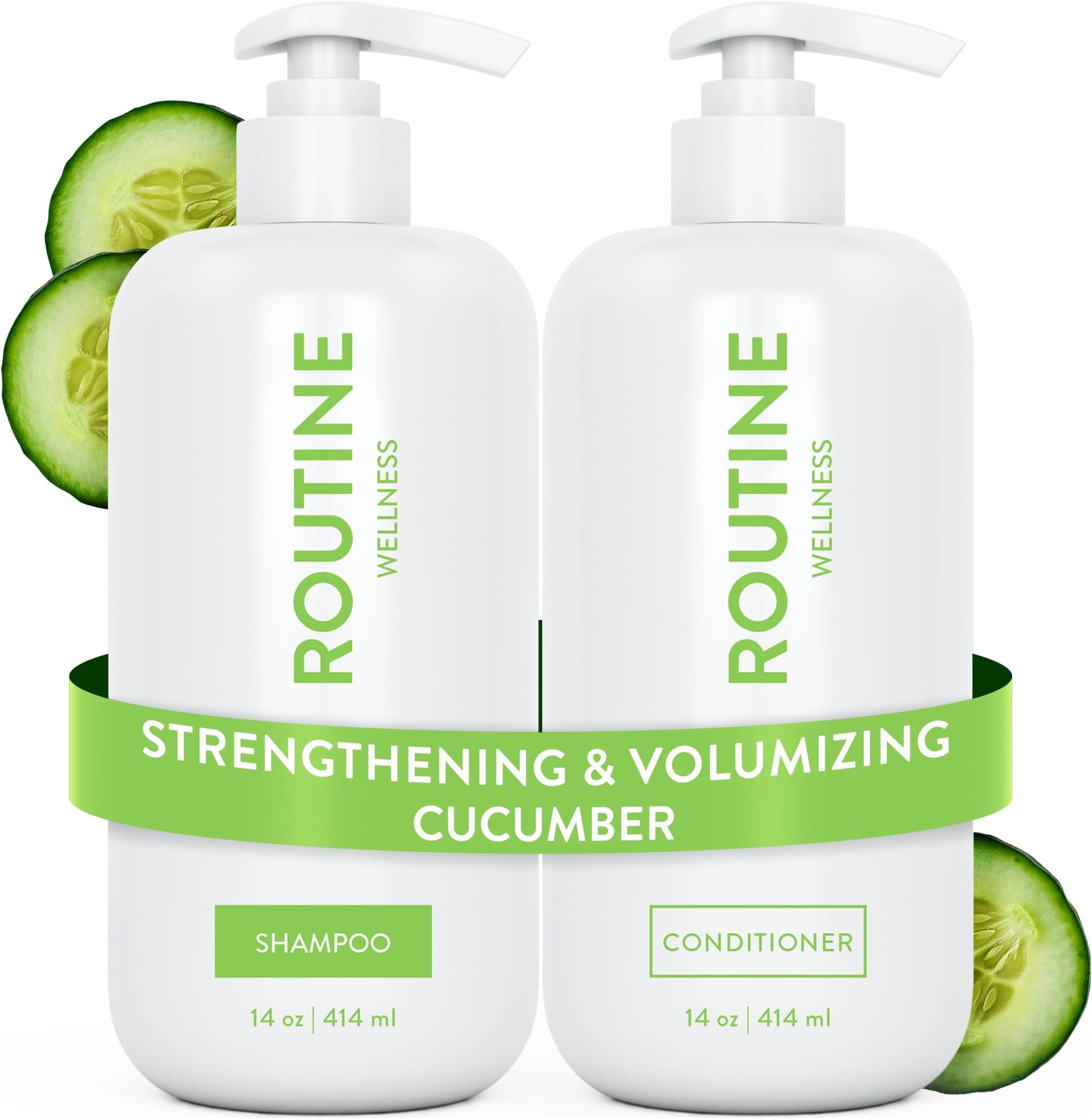Routine Wellness Anti-Thinning Shampoo and Conditioner Set for Thinning Hair - Biotin DHT Blocker Women & Men - Color Safe Shampoo for Hair Loss & Healthier Hair - Cucumber (Pack of 2)