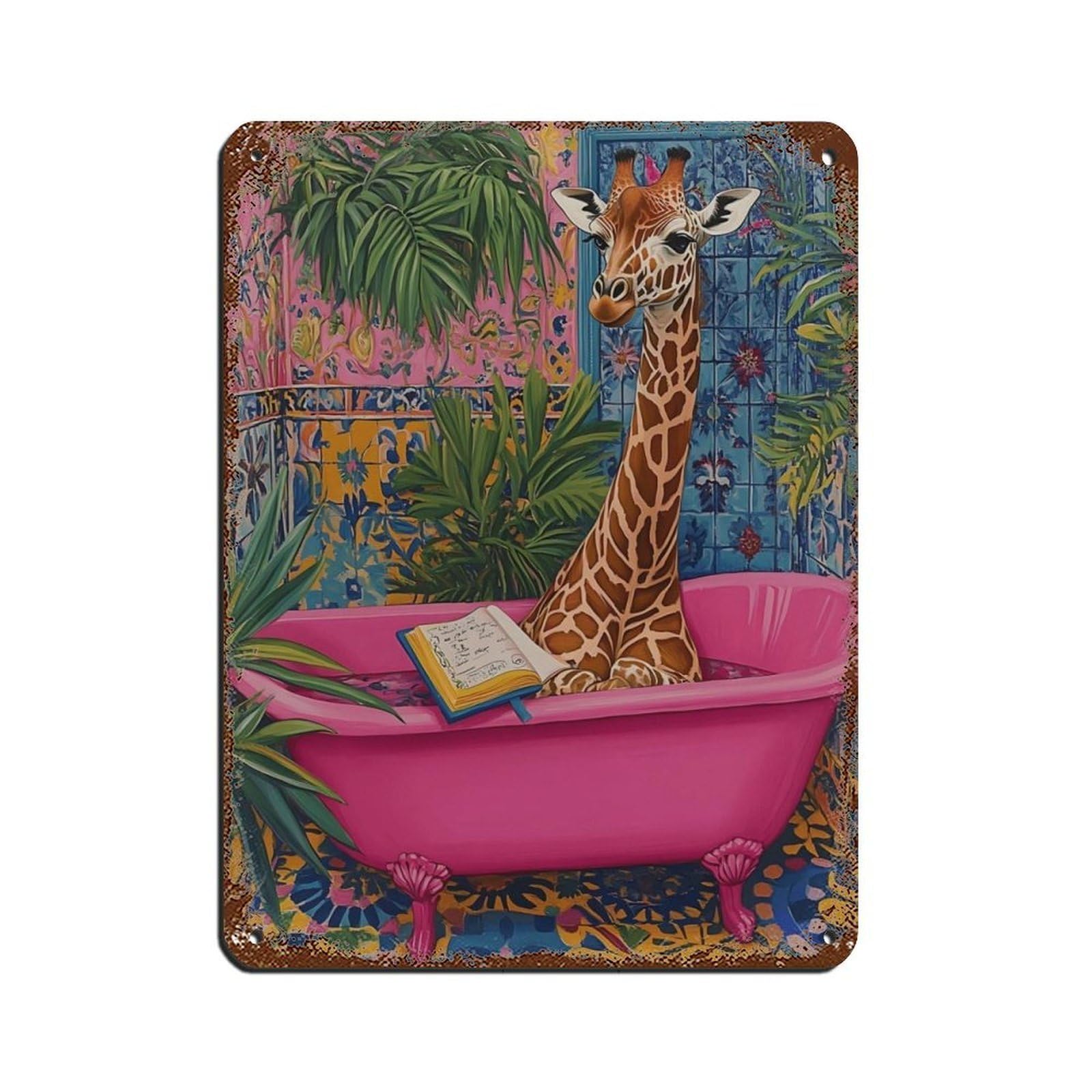 Quirky Giraffe in Bathtub Bathroom Tin Sign Vintage Metal Pub Club Cafe Bar Home Wall Art Decoration Poster Retro 12x16inch(30x40cm)