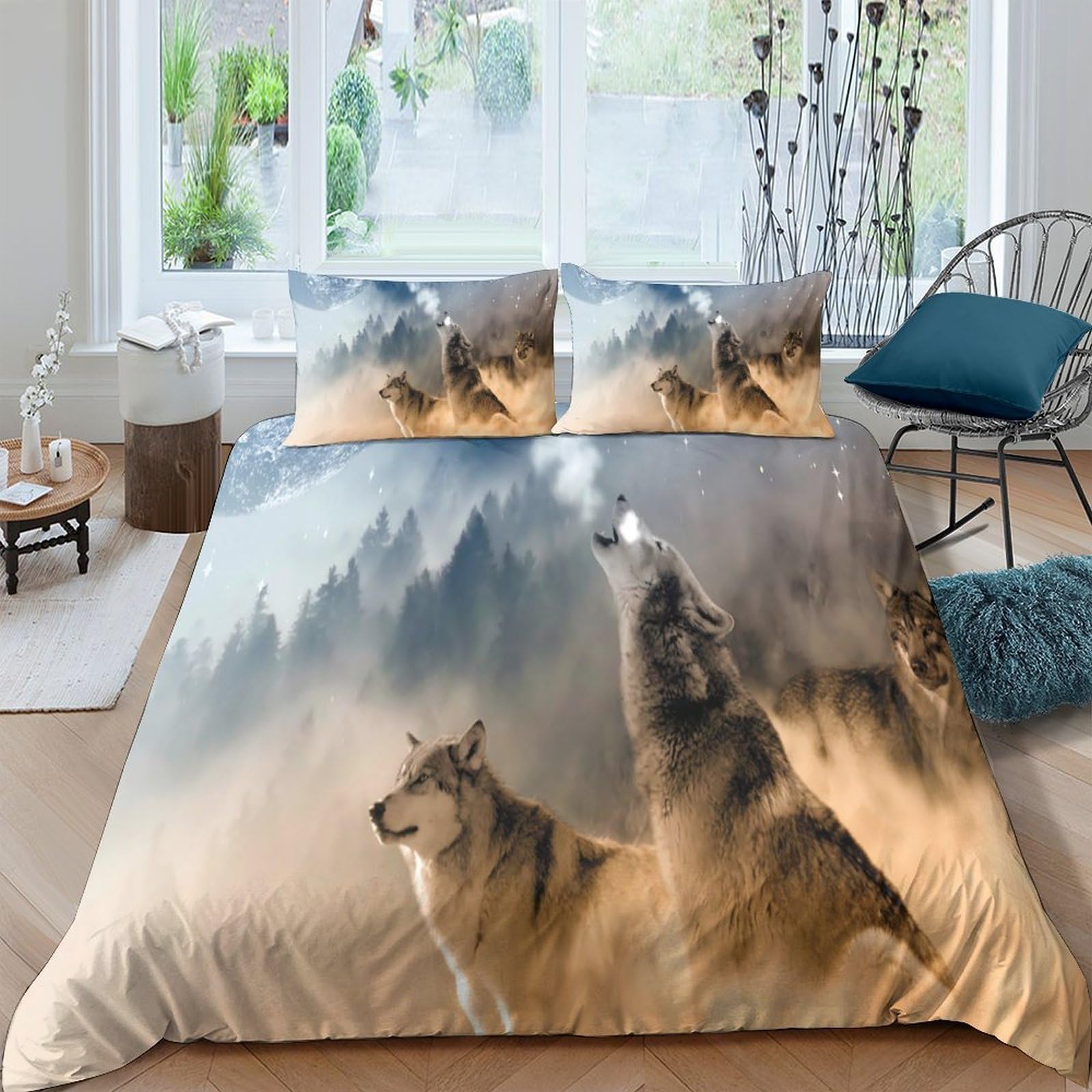 Ctjqhvkz Style-3 3D Printed Howling Wolf Fitted Sheet Microfiber Soft Breathable Forest Wolf Mattress Cover For Bedroom Dorm Decor Single（135X200cm）