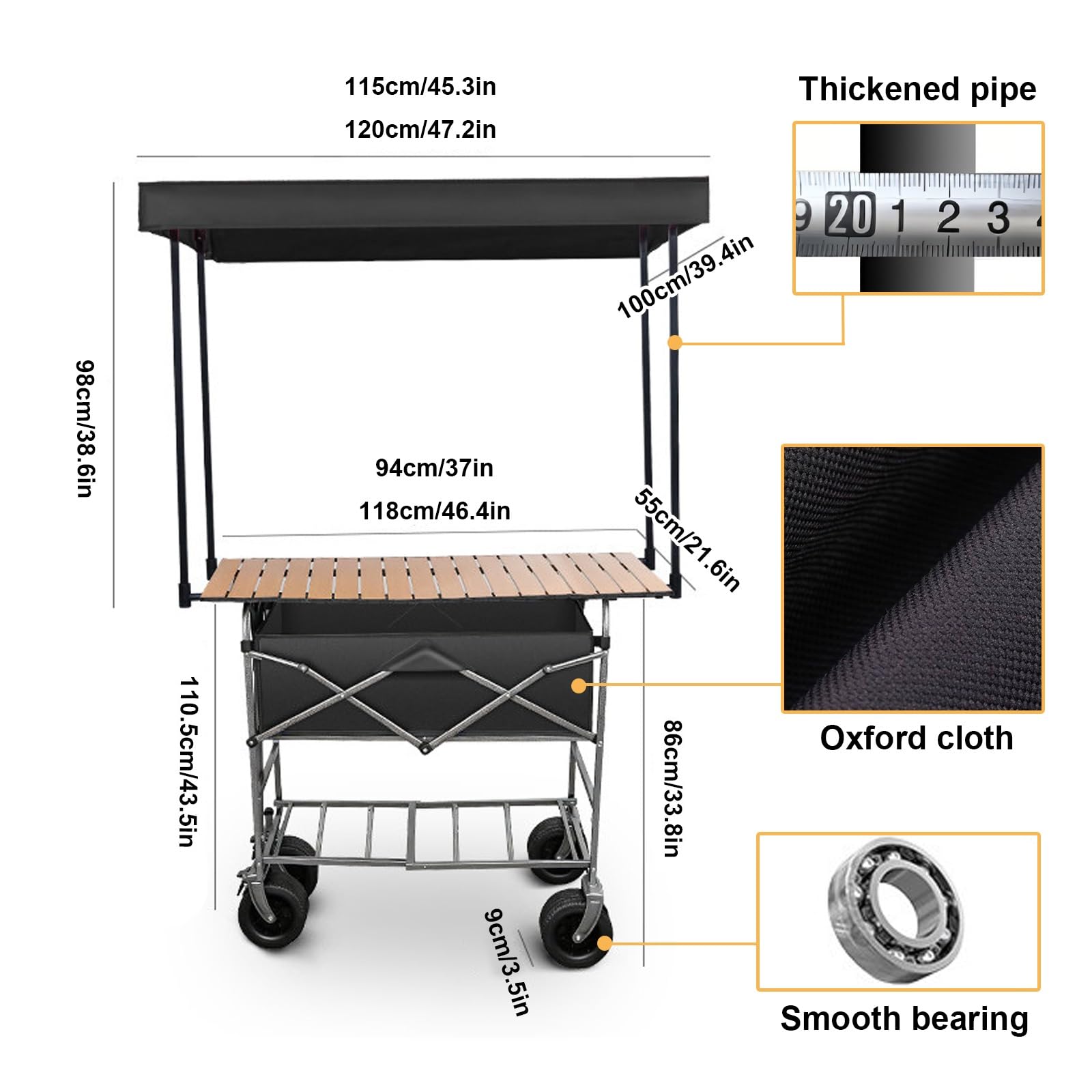Carretto Mobile per La Vendita di Cibo con Tettoia, Bancarelle per Mercati Agricoli All'aperto, Stand Espositivi Portatili, per Mercati, Fiere Ed Eventi | Black,94cm/37in