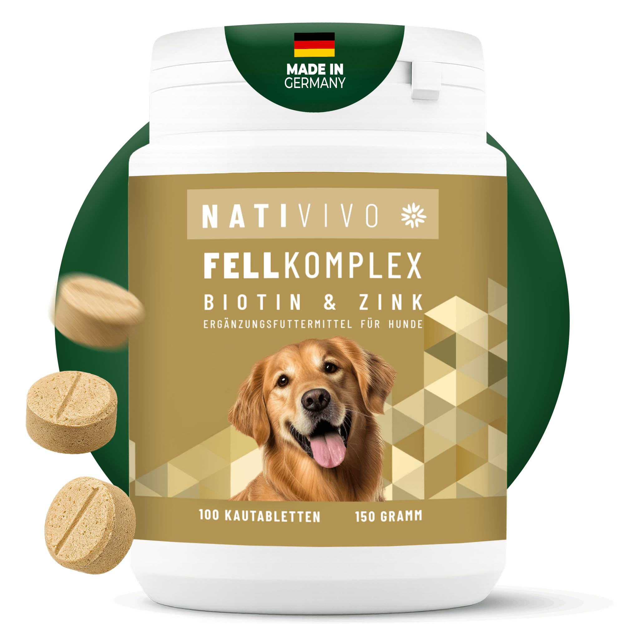 NatiVivo [TESTSIEGER] probiotisches Premium Biotin+Zink Hund Komplex für EIN glänzendes und schönes Fell, Juckreiz und trockene Haut. Made in Germany!