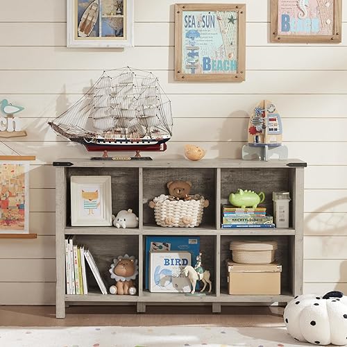 Miniatura 6 de Estantería rústica de 6 cubos, estante organizador de madera de roble gris rústico, estantería de pasillo de 47 pulgadas, gabinete de almacenamiento