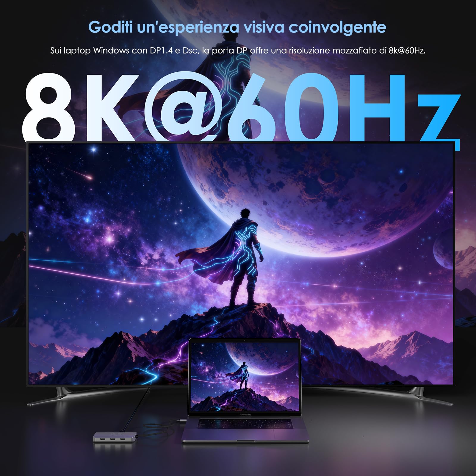 Docking station per laptop WAVLINK, docking station quad monitor con doppia porta DP, HDMI, VGA, ingresso PD da 100 W, 3 porte USB-A 2.0, compatibile con Dell/HP/Lenovo ecc., solo sistema Windows | Singolo 8K a 60Hz, 100W PD in, 3×USB-A per dispositivi wi