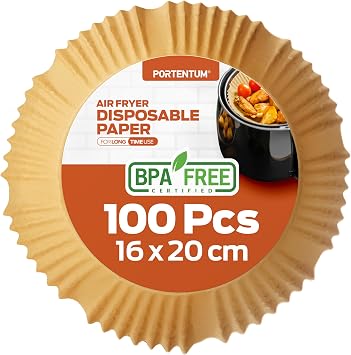 PORTENTUM Air Fryer Paper 100pcs 16-20cm Round Air Fryer Paper Food Grade BPA Free, FDA and LFGB