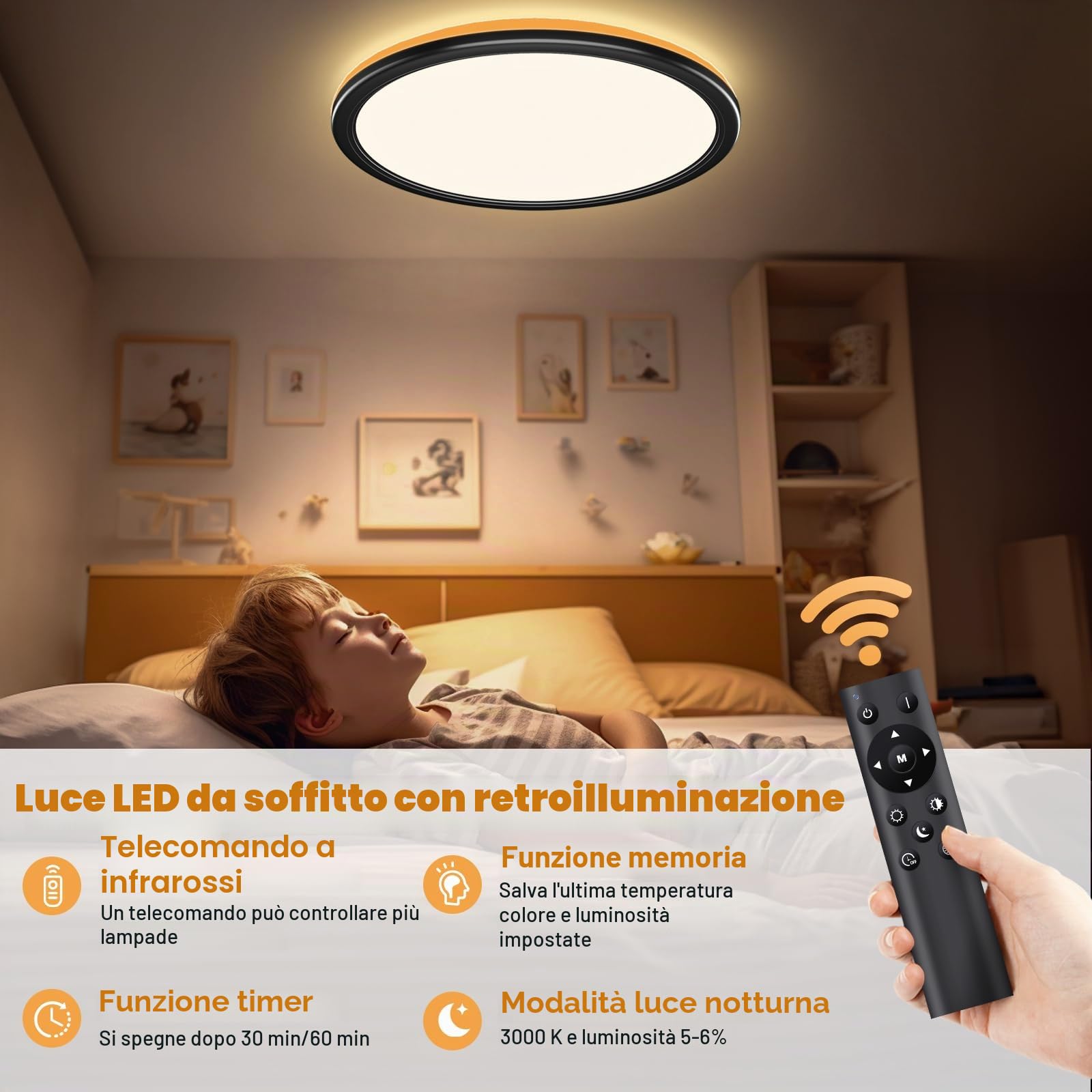 OUILA Ø30cm Dimmerabile Lampadario con Telecomando, 24W Plafoniera Dimmerabile 3000K-6500K Plafoniera LED Soffitto 2400LM Plafoniere per Soggiorno Camera da Letto Cucina Bagno (Nera, 2 Pezzi)