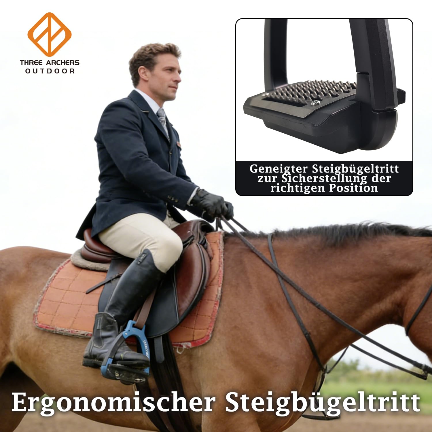 THREE ARCHERS Étriers de sécurité pour adultes avec déclenchement latéral, surface de marche inclinée antidérapante en acier inoxydable - Équipement d'équitation pour l'équitation, le dressage, le