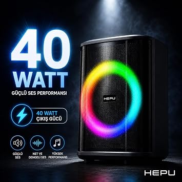 HEPU HP-979 Partybox Bluetooth Hoparlör – 8” Hoparlör 40W Güç RGB Işık TWS Destekli