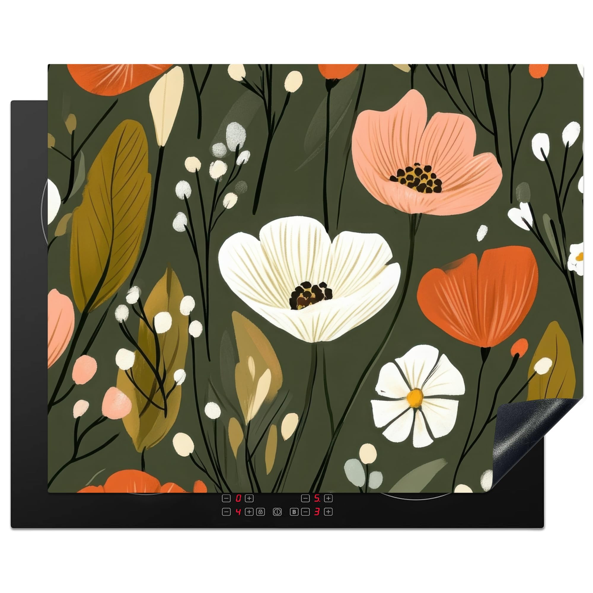 KitchenYeah© Induction Hob Cover Protector Mat 20.5"x25.6" / 65x52 cm Kitchen Universal Ceramic Covers for Electric Cookers Vinyl Flowers - Illustration - Green