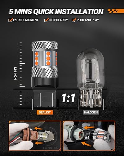 Miniatura 6 de SEALIGHT 7443 Bombilla LED para Señal de Giro 7444NA 7441 7444 T20 W21W Bombillas LED, 2700K Bombilla Ámbar Amarilla para Luz de Señal de Giro