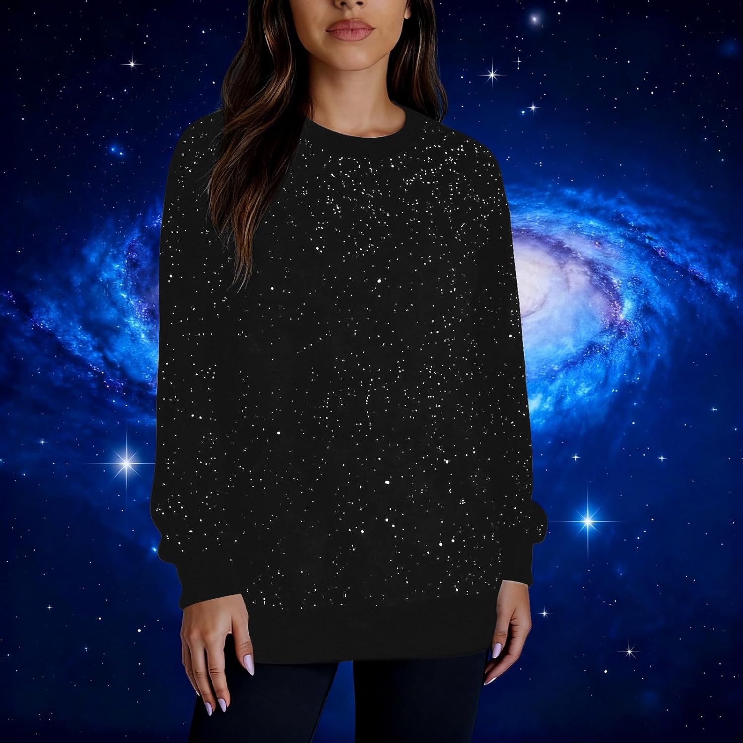 Mens Glitter Sequin Crew Neck Sweatshirt Long Sleeve Plain Thermal Pullover Top Oversized Fashion Fall Casual Wear - Image 2