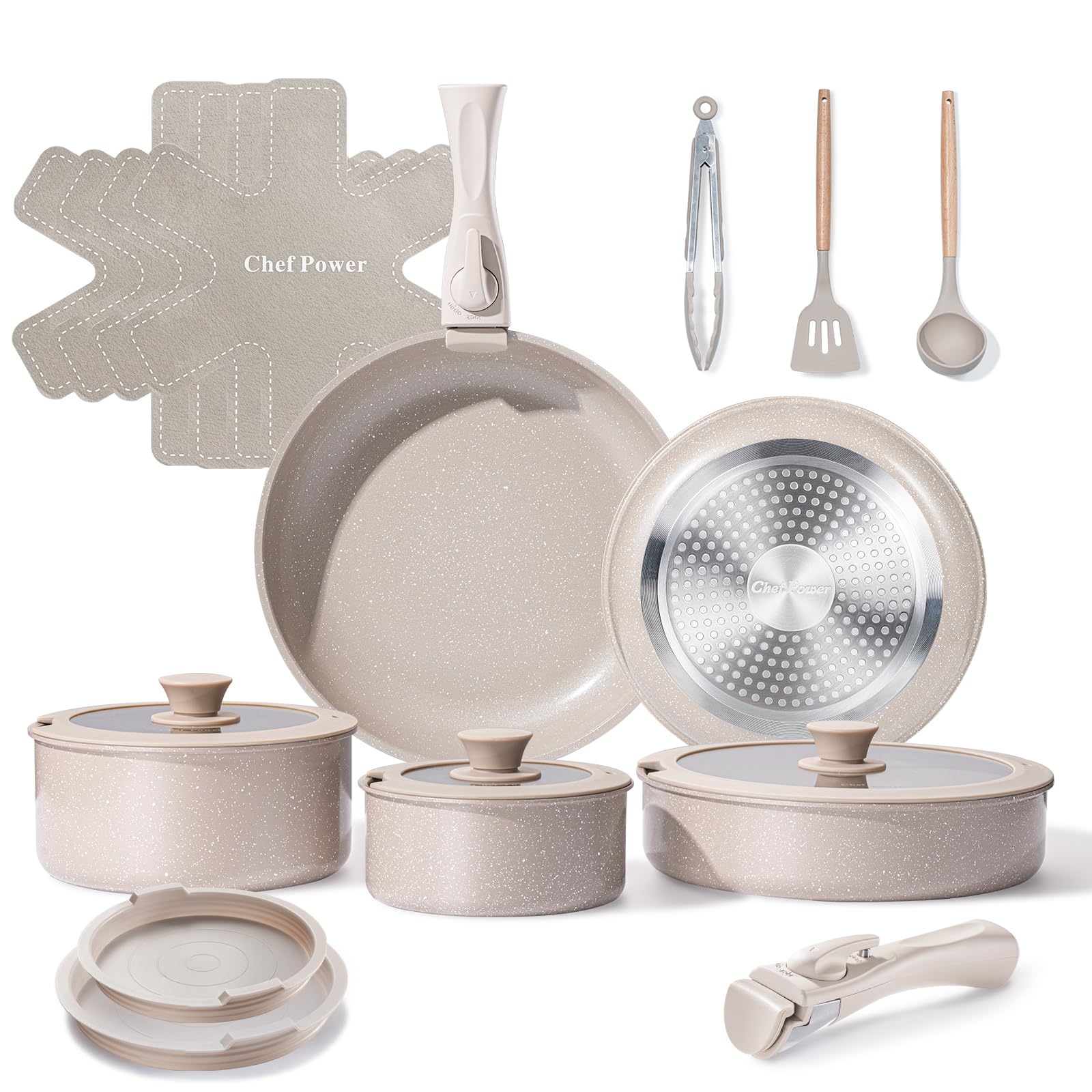 Chef PowerCeramic Nonstick Pots and Pans Set 19 Piece with Detachable Handle, Induction Dishwasher Oven Safe Cookware Set, RV Kitchen Set Removable Handle, Mocca Taupe