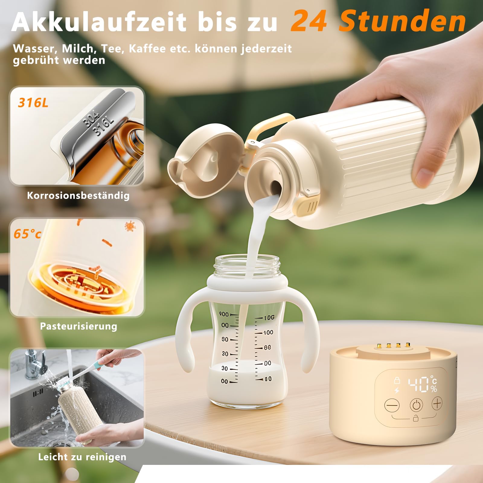 Tragbarer Flaschenwärmer Baby, 500ml Kapazität Flaschenwärmer Baby Unterwegs, Erwärmt Wasser Oder Milch, Schnelles Aufheizen, Flaschenwärmer für Daheim/Reise