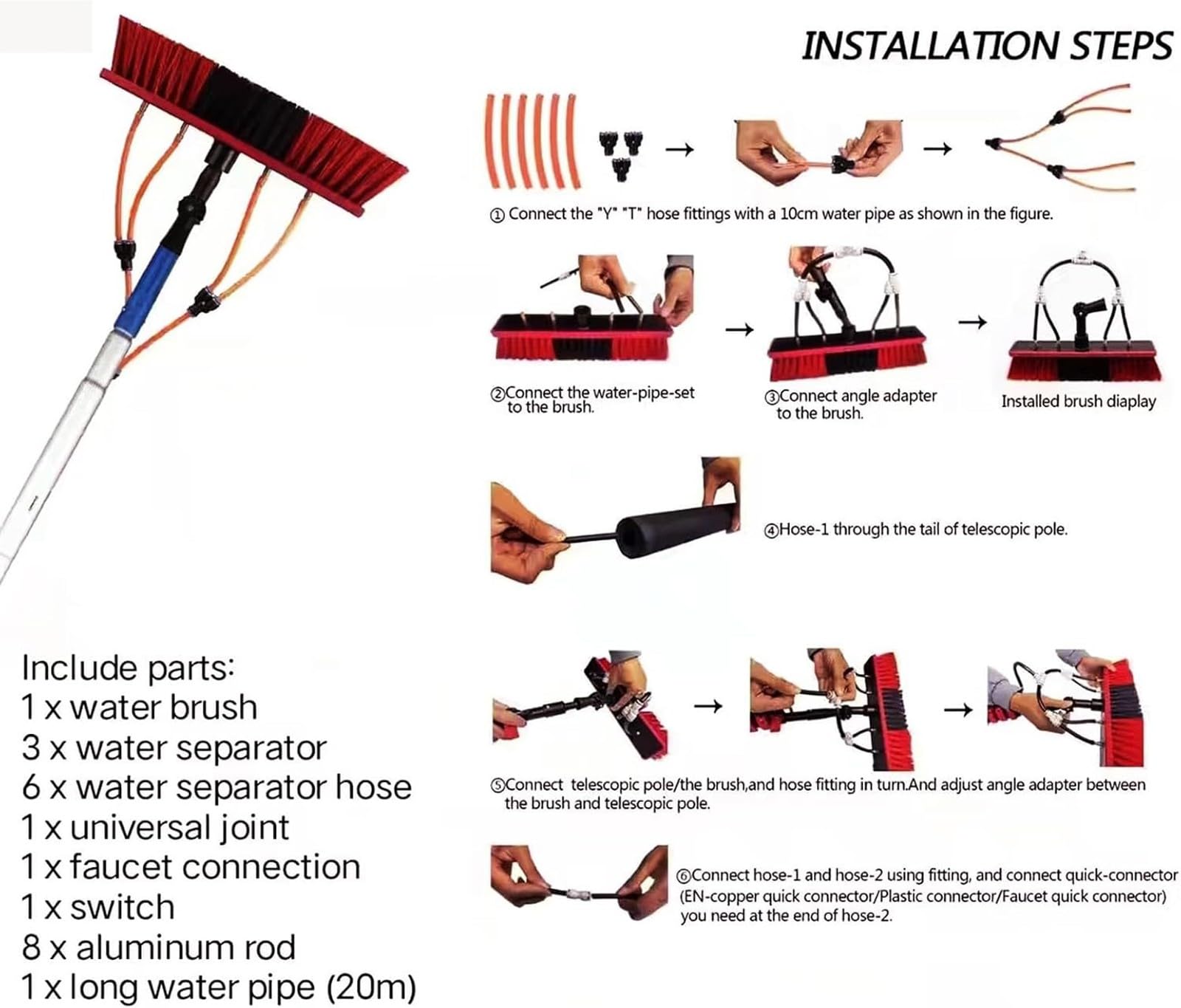 Teles - Kit de cepillo de limpieza para paneles solares y ventanas: cabezal alimentado por agua de 35 cm y poste extensible de 5,5 m para limpieza de tejados y canalones, ideal para uso doméstico y