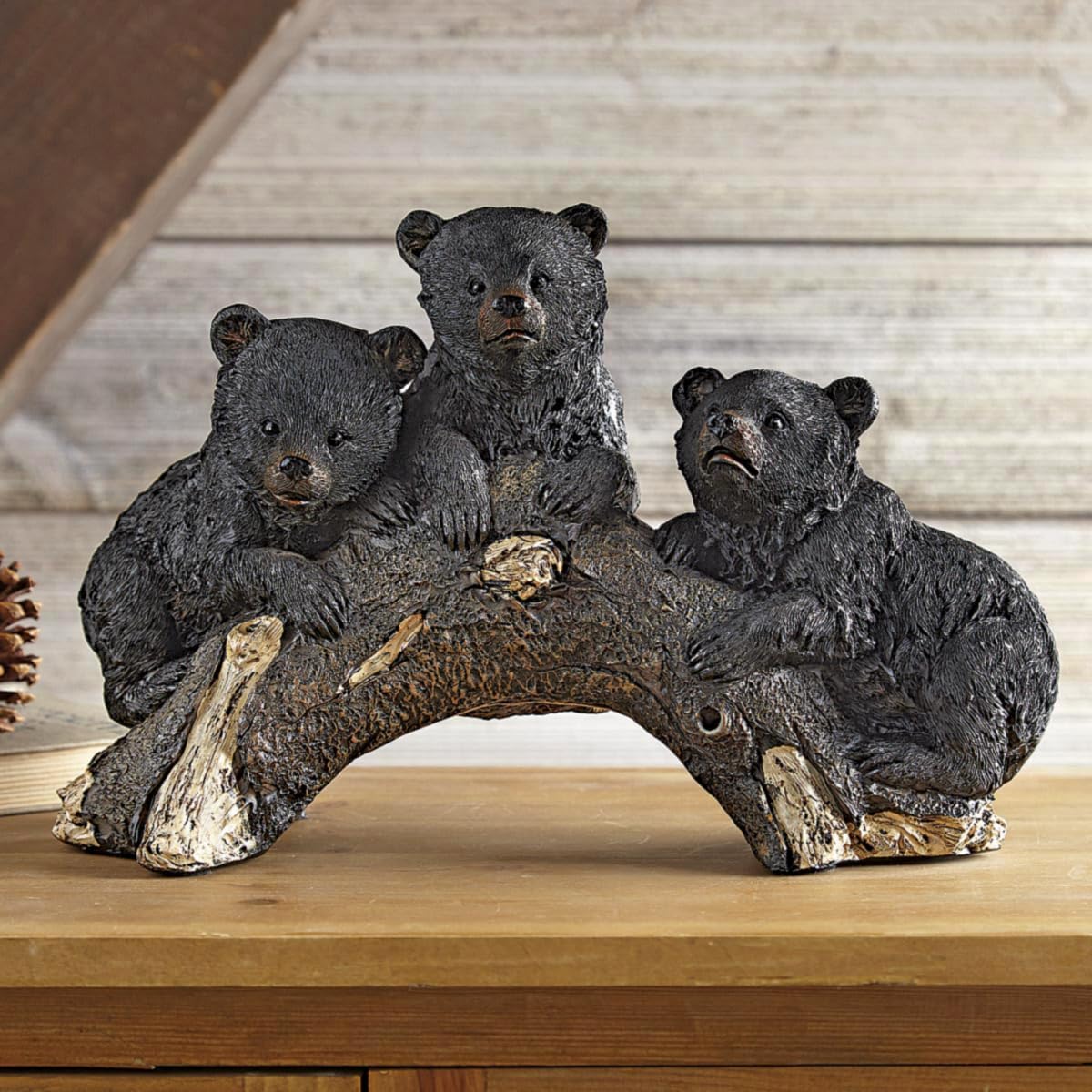 BLACK FOREST DECOR Bears on Log Sculpture, Polyresin, 12 1/2" W x 5 1/4" D x 8 1/4" H