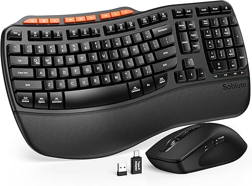 Combo de teclado y mouse inalámbricos ergonómicos, 2.4G de tamaño completo con teclado de onda y reposa muñeca acolchado, escritura natural, mouse