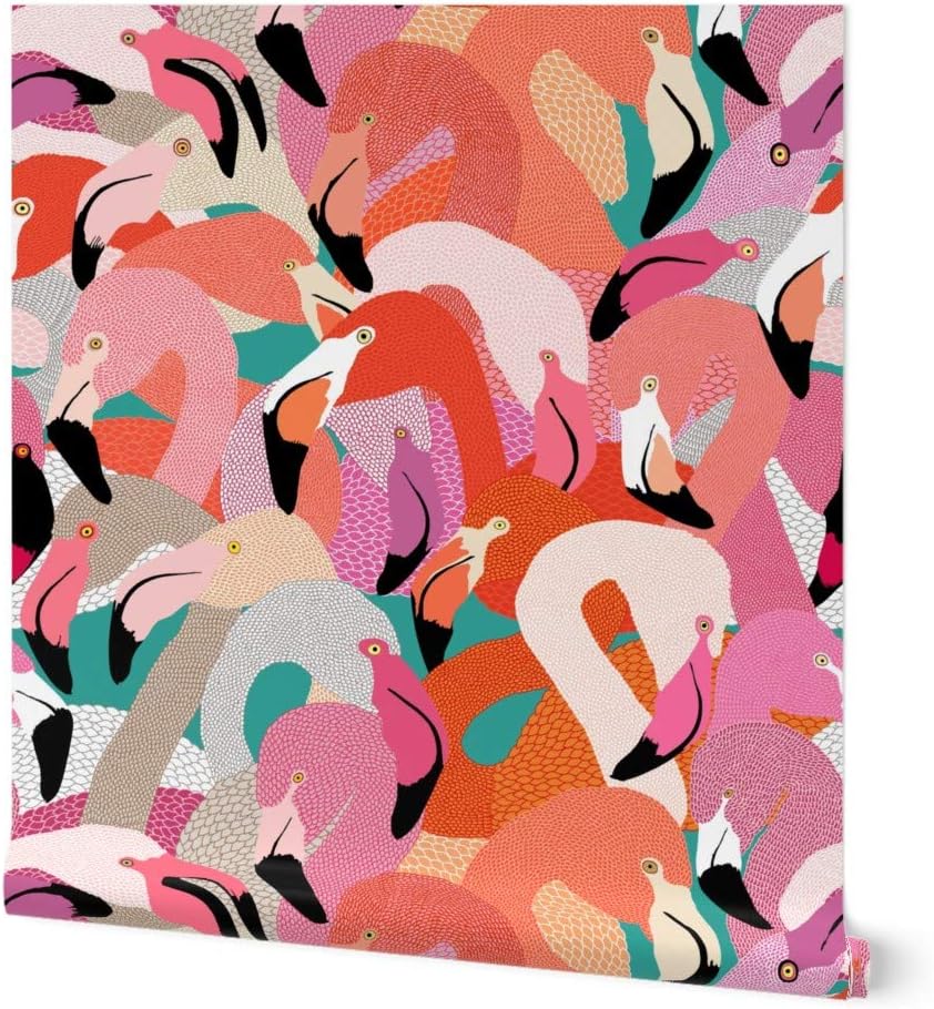 Peel & Stick Wallpaper 3ft x 2ft - Orange Pink Large Flamingo Bird Feathers Tropical Florida Coastal Collage Illustration Beach House Custom Removable Wallpaper by Spoonflower