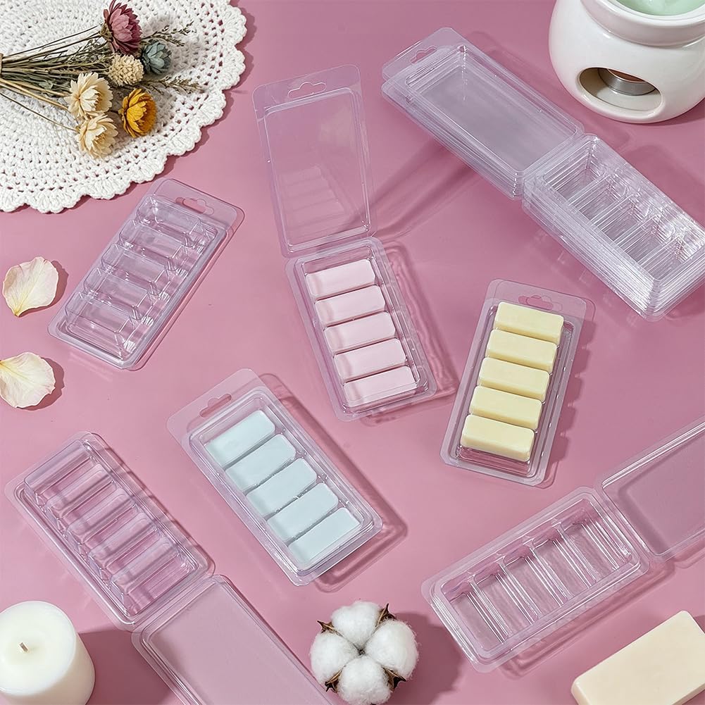 BENECREAT 60 Pack Wax Melt Molds, Clear PET Wax Melt Clamshells with Foldable Design, Rectangle Candle Making Molds for Wickless Candles and Soap Making, 10.47x 2.56x0.95 Inches