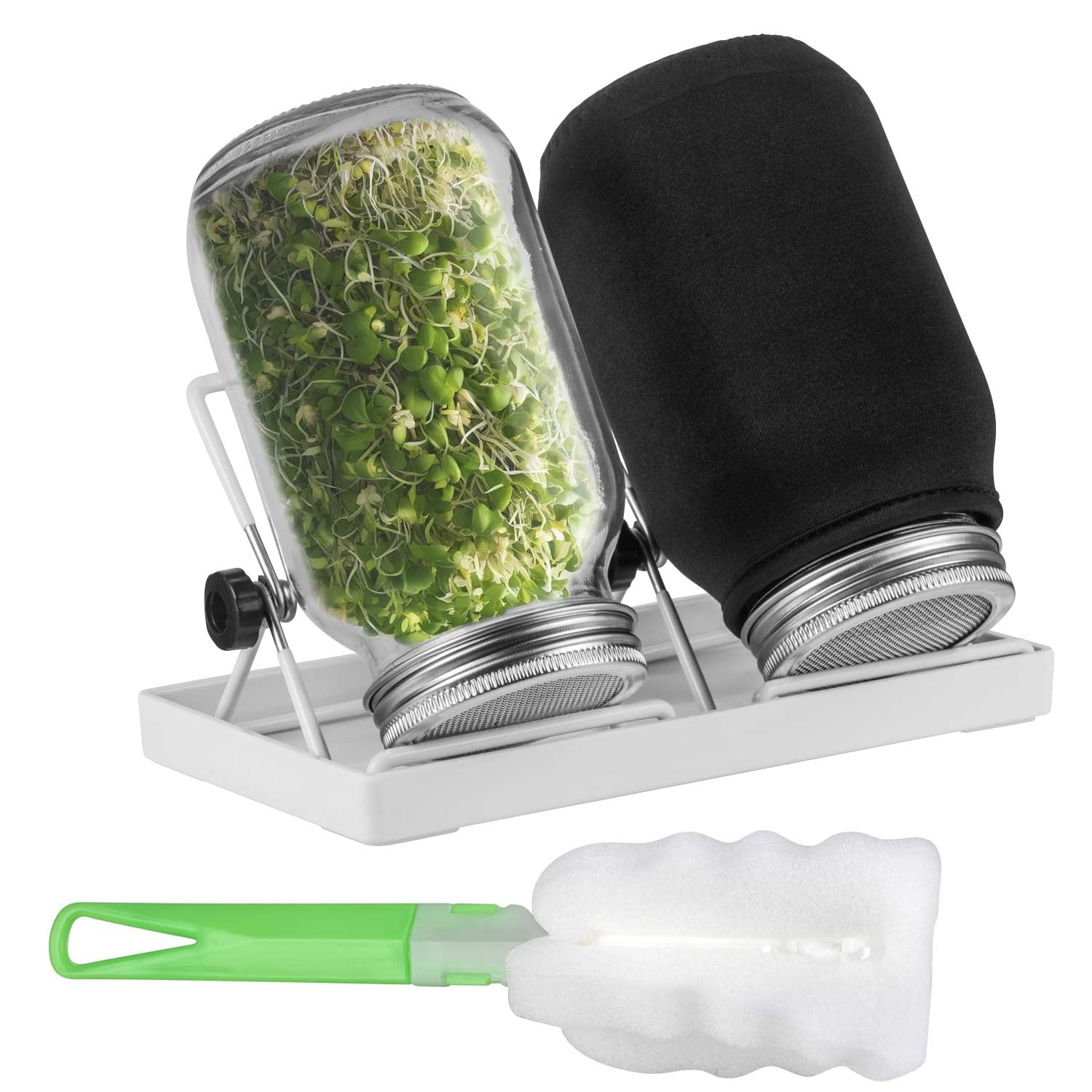 Lot de 2 bocaux à germer en verre pour germes - 1000 ml - Pour herbes, microgreens, cressons - Appareil de germination avec couvercle en acier inoxydable - Avec bac d'égouttement, revêtement et