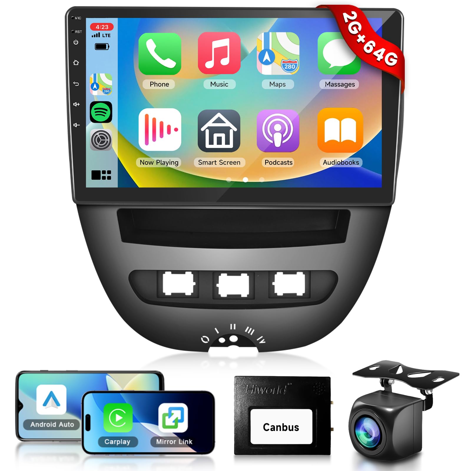 Podofo Carplay Car Radio for Citroen C1/Peugeot 107/Toyota Aygo 2005-2014,2G+64G Android Car Stereo with HiFi Audio 10 inch Touchscreen Wireless Android Auto GPS Wifi Bluetooth FM/RDS Radio USB