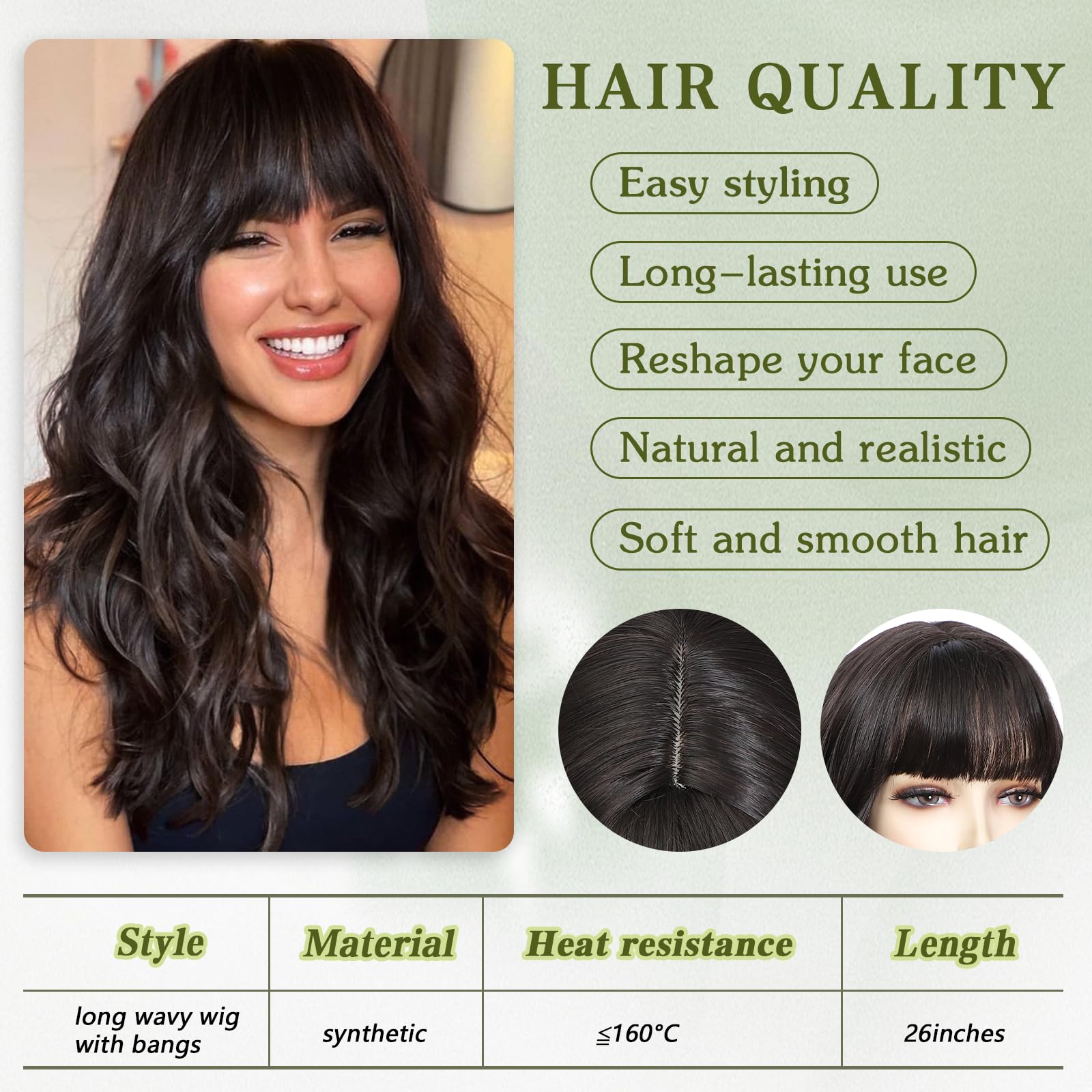 Women\'s Brown Heat Resistant Long Curly Wavy Synthetic Wig with Bangs Size 26In Dengmore Long Curly Wig with Bangs Deep Wavy Hair Wig for  main image 2