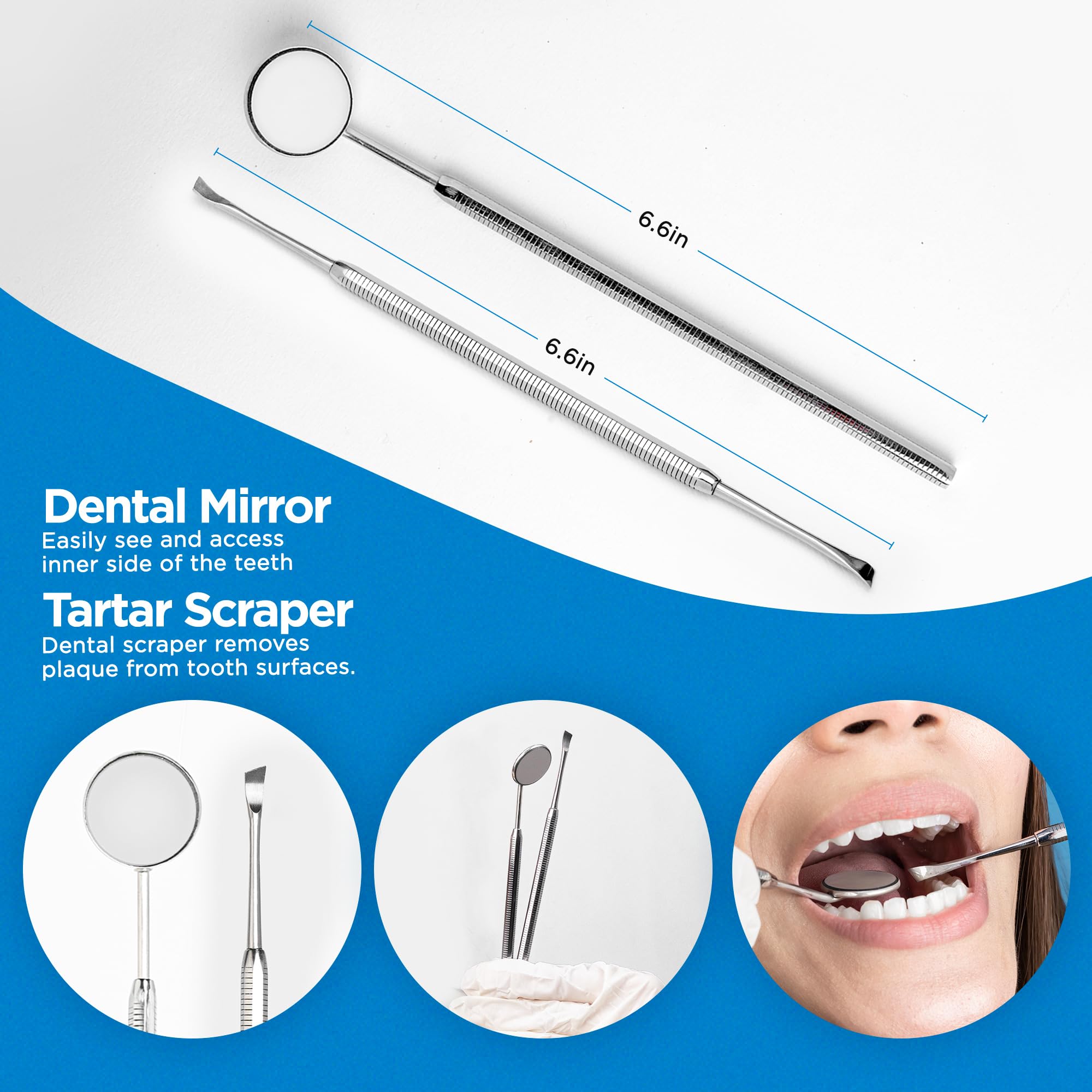 4tified Dental Tools Hygiene Kit 4 PCS French Stainless Steel Professional Teeth Cleaning Home Use Plaque Calculus Removal Tartar Scraper Scaler Fogless Mirror Dental Pick Vegan Leather case 1