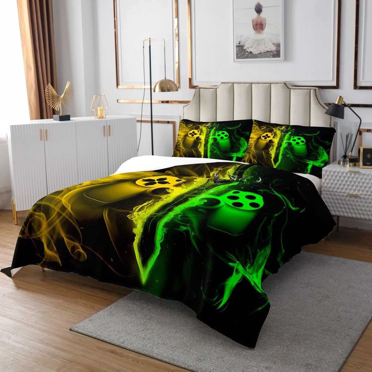 Gaming Gamepad Kids Bedspread Twin Size,Video Games Controller Gamers Coverlet Set,Boys Men Room Decor,Modern Fashion Quilted Coverlet,Yellow Green Unique Bedding Quilt,1 Pillowcase