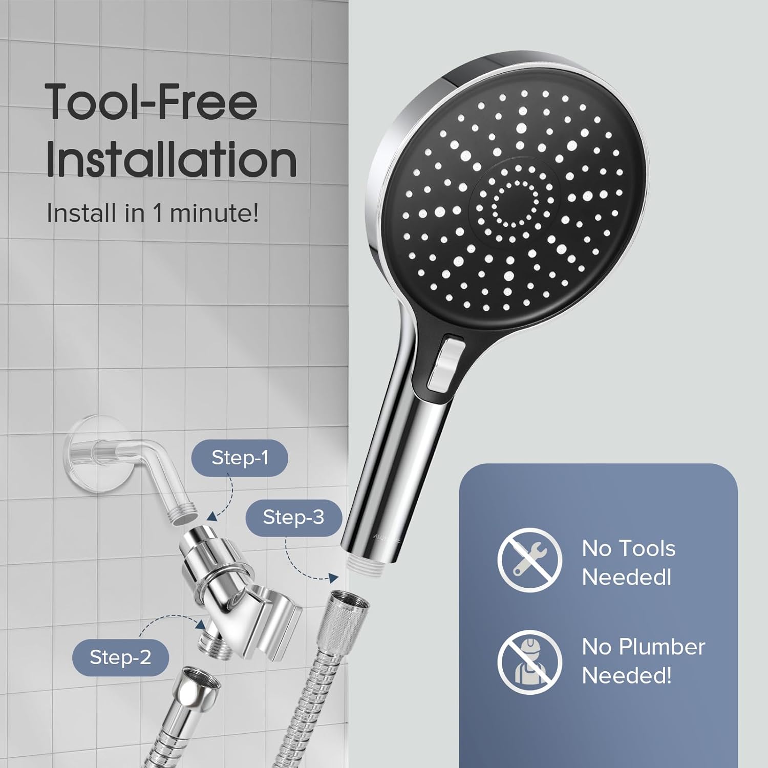 High Pressure 6" Full Body Coverage Handheld Shower Head - Wide Panel Powerful Spray for Easy Hair Washing & Effortless Cleaning - 79" Extra Long Stainless Steel Hose & 360° Swivel Bracket