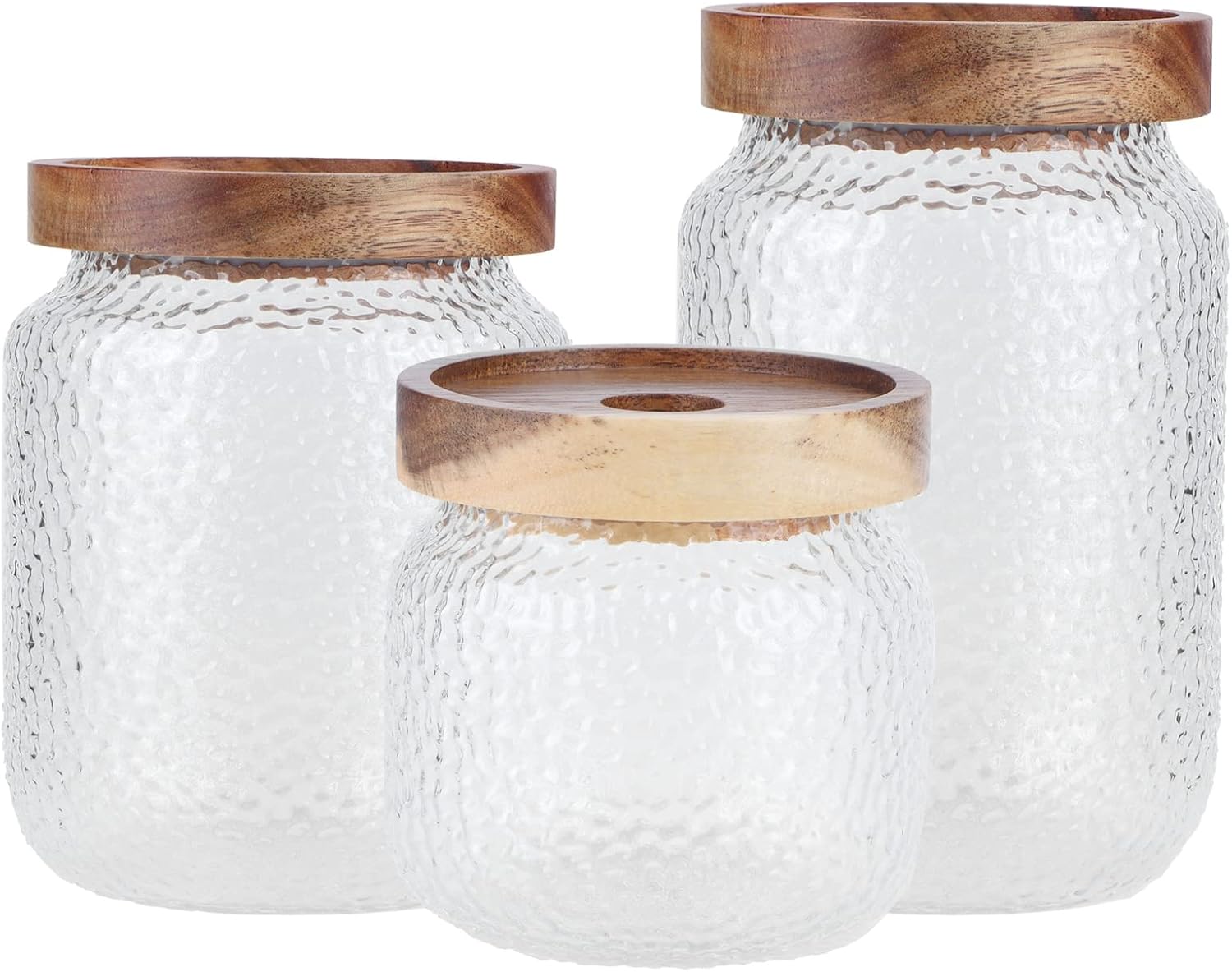 Set of 3 Vintage Glass Storage Jars with Airtight Wood Lids Food