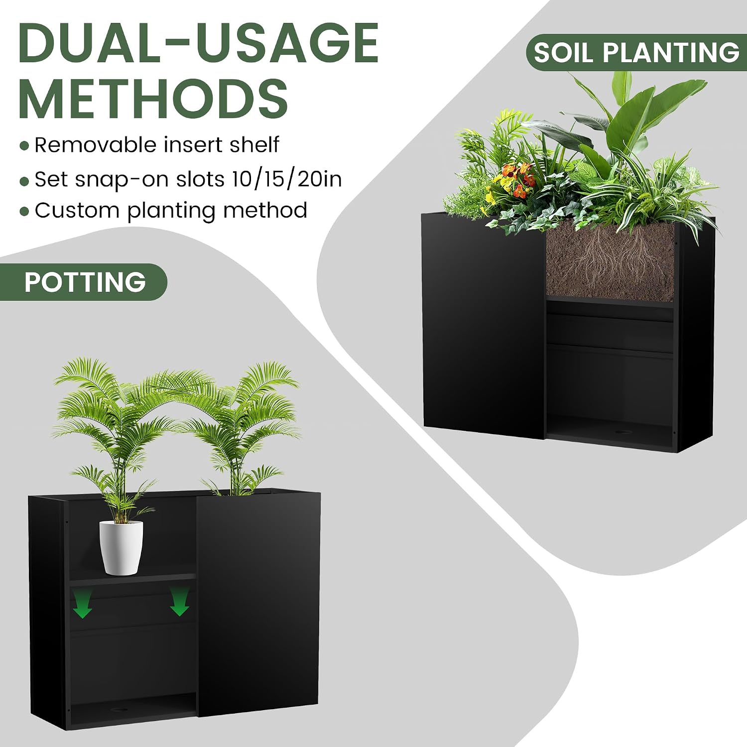Tall Metal Planter for Outdoor Plants,38"Lx13"Wx30"H All-Weather Durable Plant Box,Large Rectangular Planter with Drainage Holes & Removable Shelf,Modern Decor for Tall Small Plants, Trees, Flowers