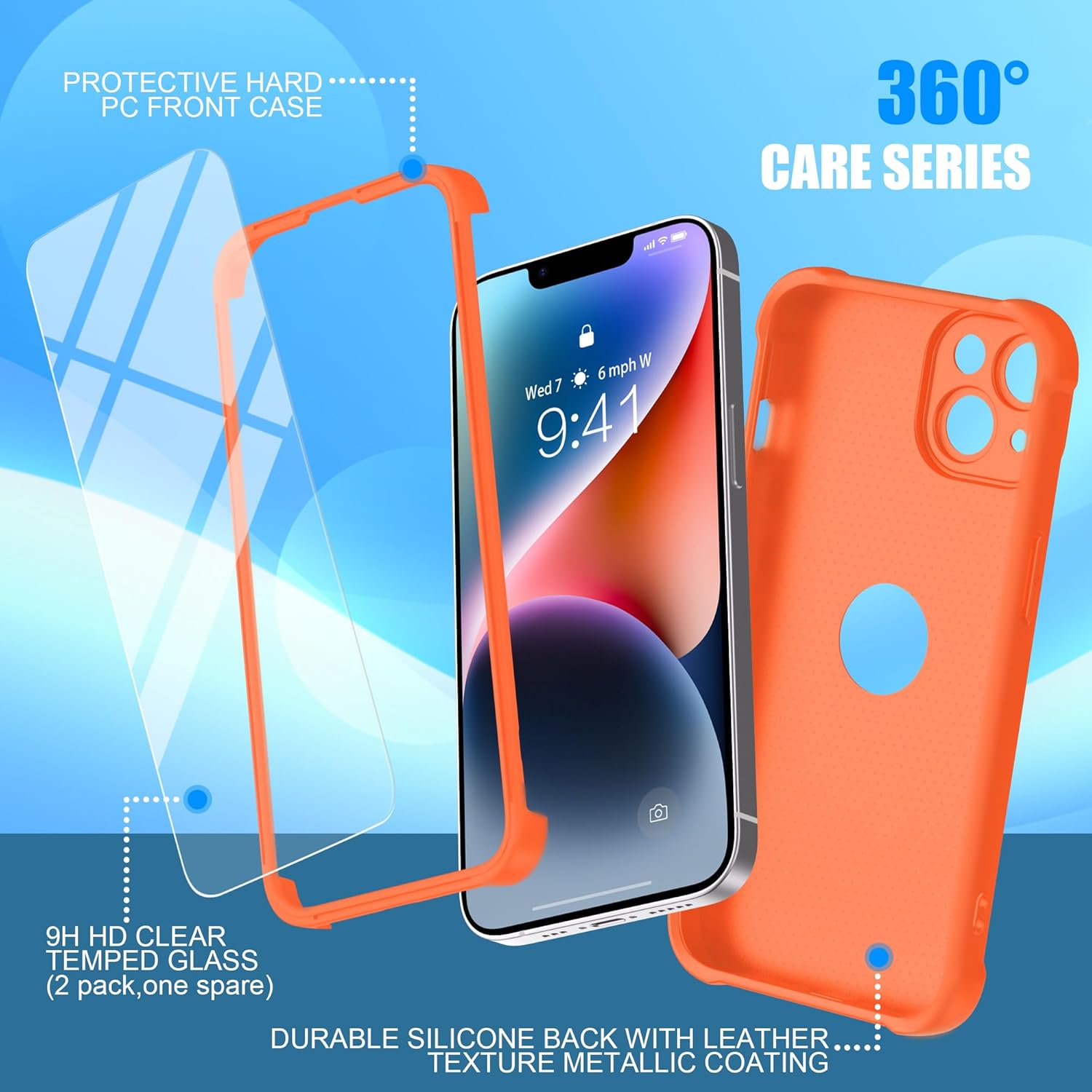 ORETECH for iPhone 14 Case, with [2 x Screen Protectors] [15 Ft Military Grade Drop Test] [Camera Protection] 360° Shockproof Slim Thin Phone Case for iPhone 14 Cover 6.1" -Orange - Image 5