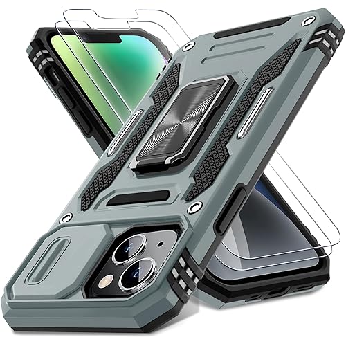 DEERLAMN Case for iPhone 13/iPhone 14 6.1-Inch with Slide Camera Cover+Screen Protector(2 Packs),Rotated Ring Kickstand Military Grade Shockproof Protective Cover-Grey