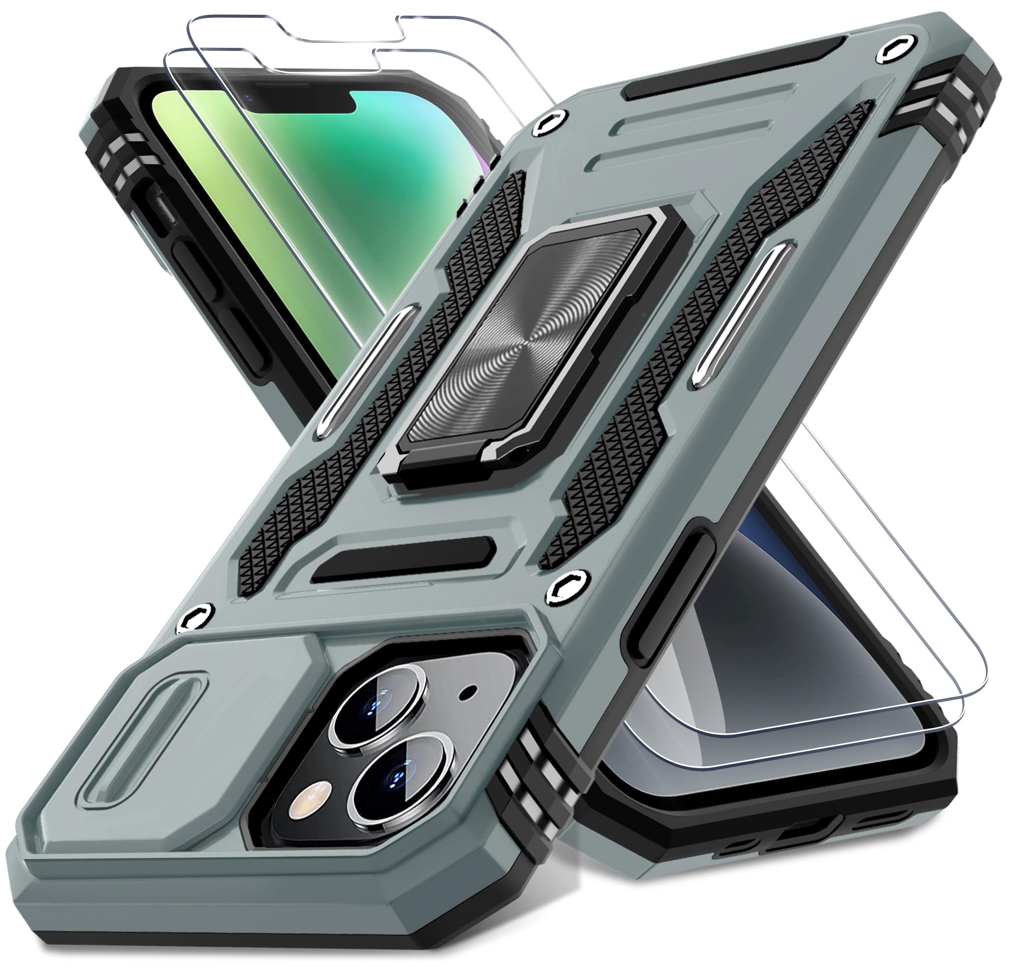 DEERLAMN Case for iPhone 13/iPhone 14 6.1-Inch with Slide Camera Cover+Screen Protector(2 Packs),Rotated Ring Kickstand Military Grade Shockproof