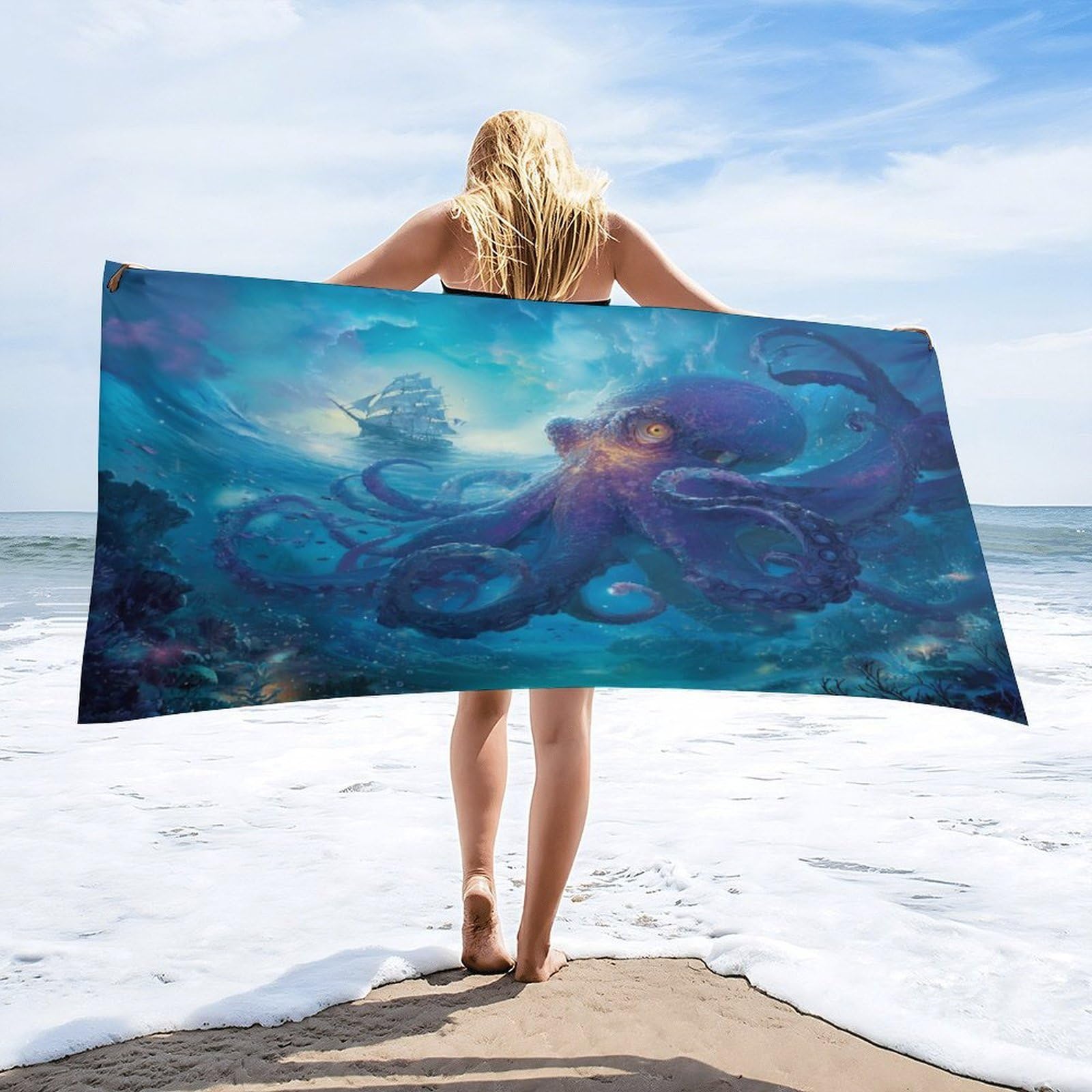 Luyysky Modern Colorful Sea Octopus Quick-Drying Beach Towel, Rustic Beautiful Underwater Animal Octopus Fish Pirate Ship Travel Vacation Single Sided Pile Bathroom Towels-80 W Cm X 160" L Cm