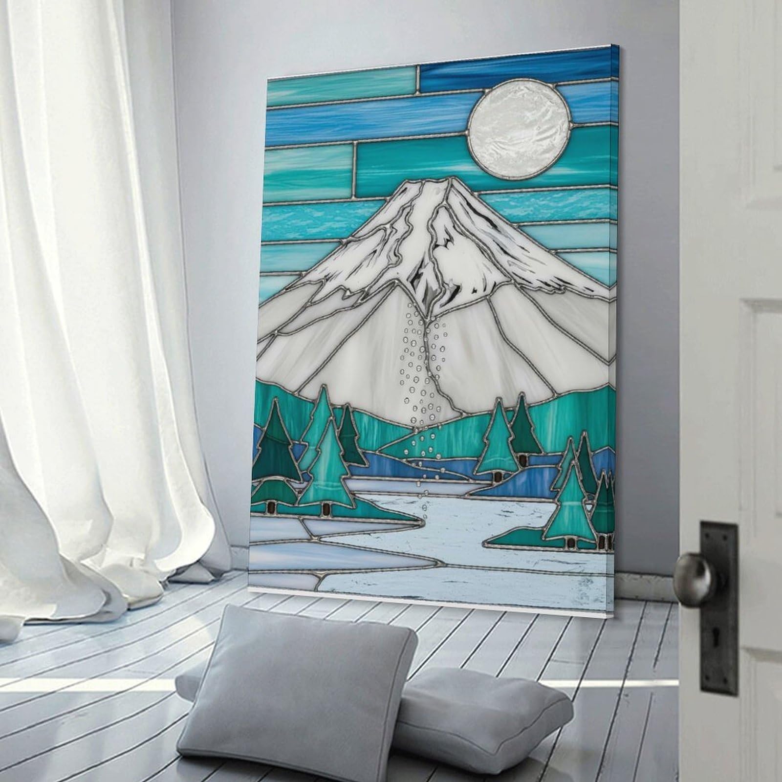 Junmoney Frame-Style-24 Mountain Landscape Stained Glass Canvas Wall Art 20X30inch(50X75cm), For Workspace Walls, Study Corners Or Bedrooms, Wall Art That Adds Style To Work Areas