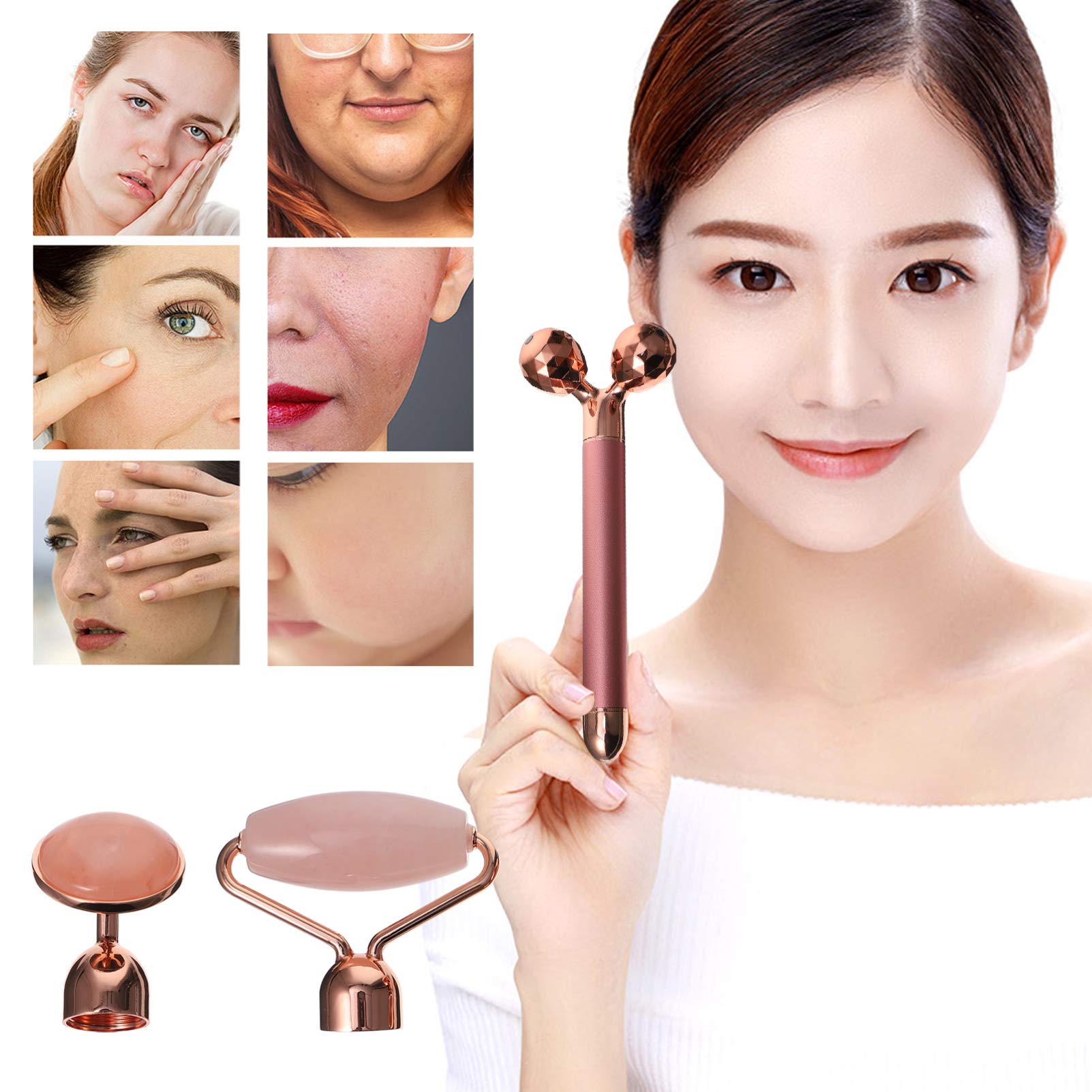minkissy Elektrischer Gesichtsrolle 3-in-1 Jade Gesichtsroller Satz aus Rosa Jade Pulver Kristall zur Faltenreduktion und Anti Aging Gesichtsmassage für Empfindliche Haut