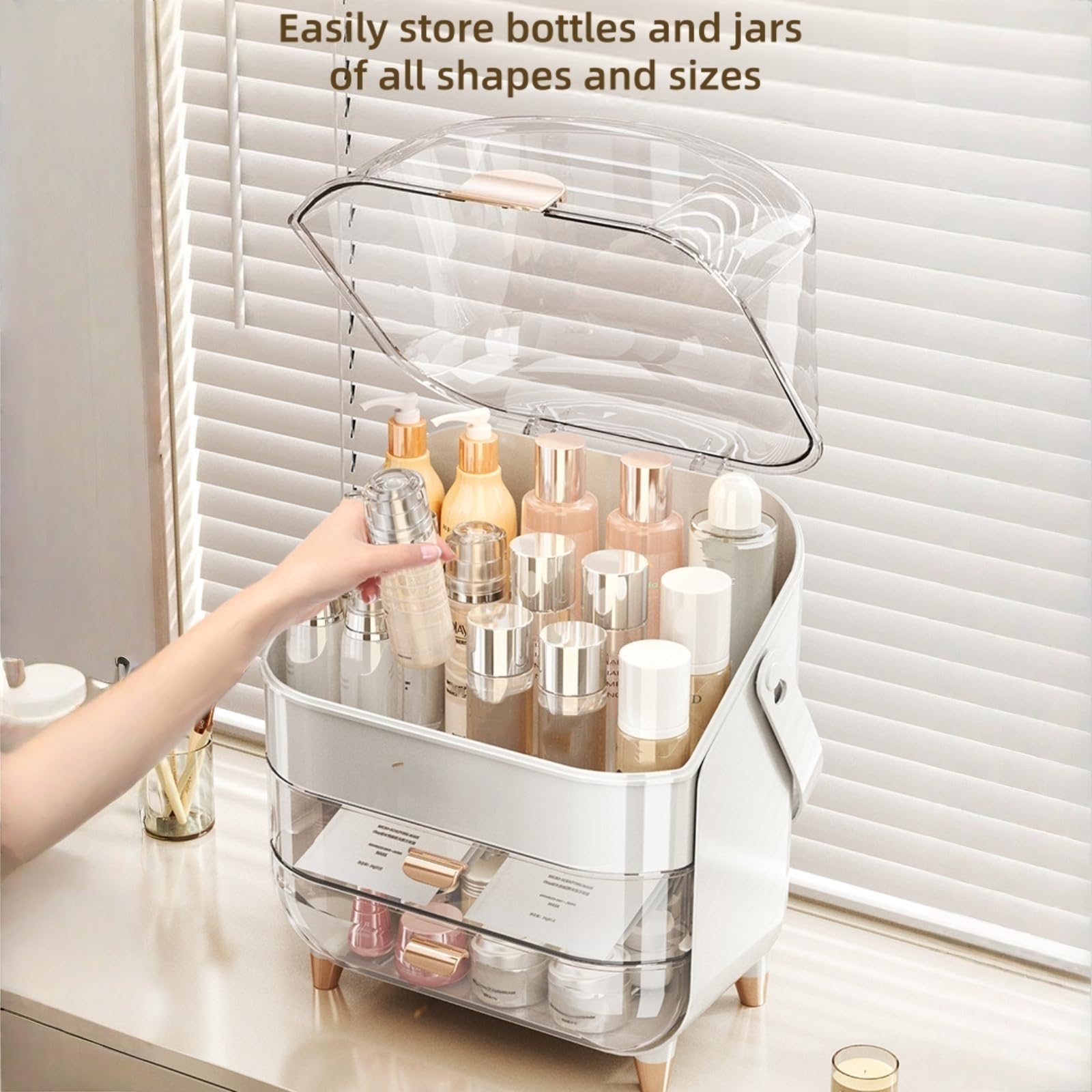 Organizador de maquillaje, organizadores para el cuidado de la piel con tapa transparente y 2 cajones y soporte giratorio de 360° para brochas