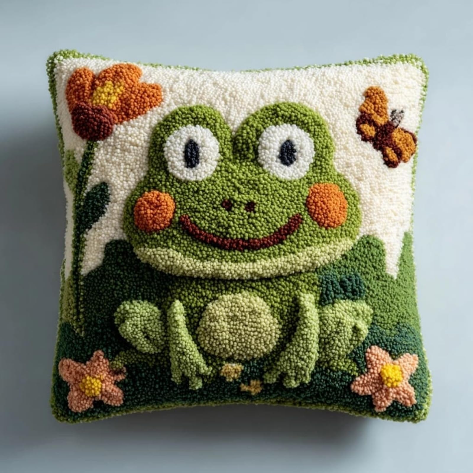 AxiangziK Handmade Latch Hook Cushion Kit 17x17 Inch,Frog and Butterfly Complete DIY Pillow Making Kit for Home Decor - Bedroom Throw Pillow Craft Gift