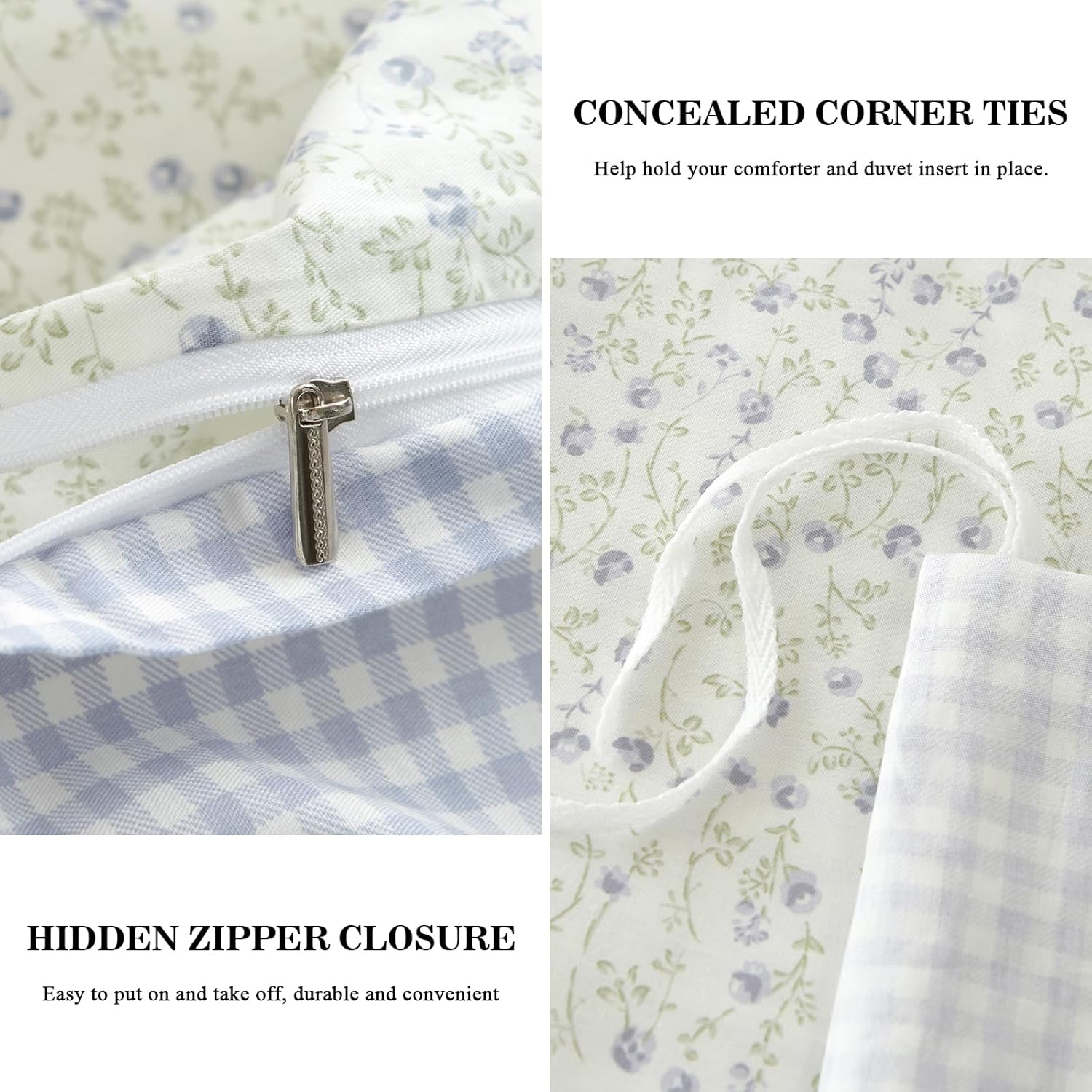 Nayoroom Blue Floral Gingham Duvet Cover Queen Size 100% Cotton Reversible Plaid Cottagecore Bedding 3 Pcs Soft Breathable Aesthetic Spring Comforter Cover Gift for Women Girls - Image 7