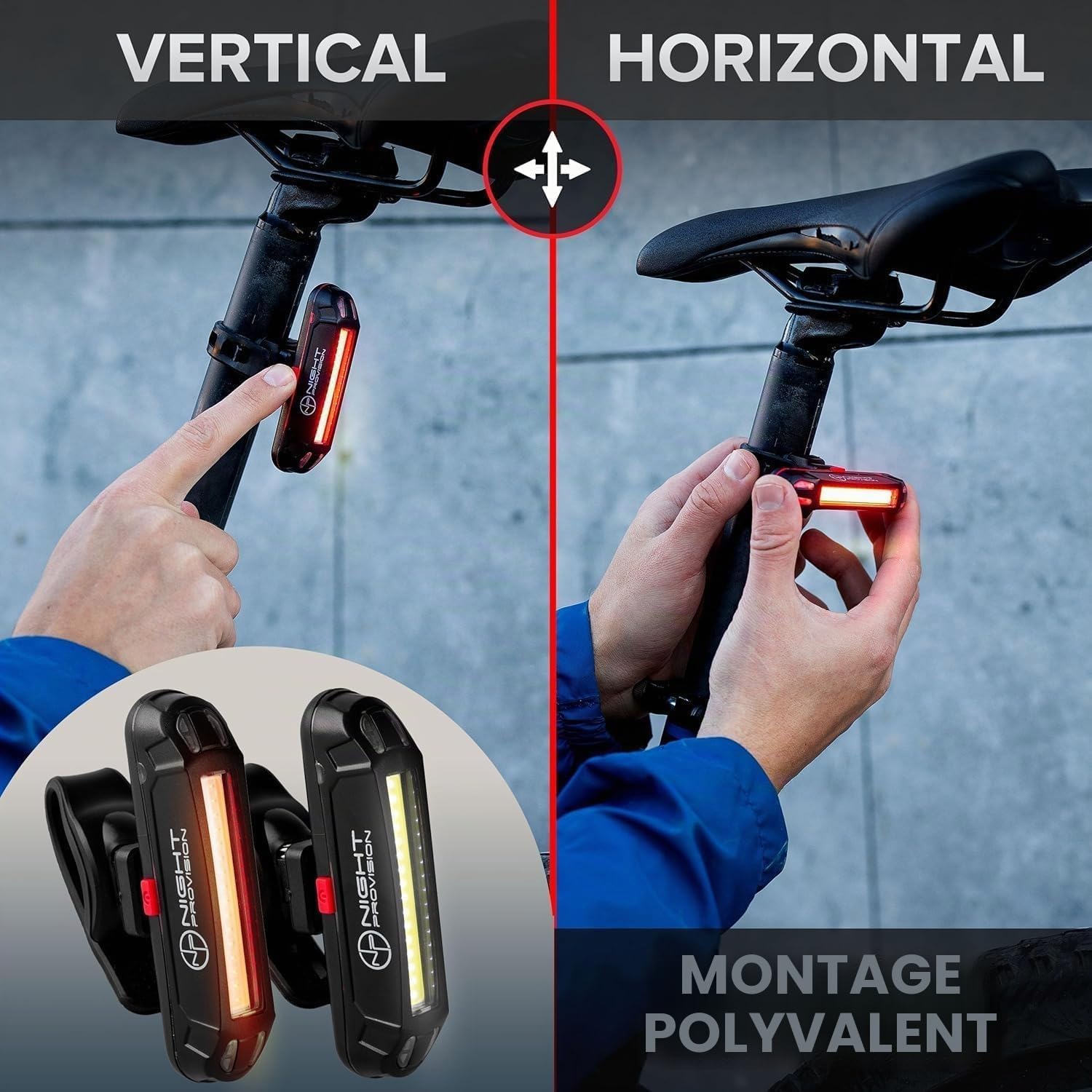 Night Provision Phare avant et arrière à LED rechargeable USB-C pour skateboard, longboards, route, montagne, BMX (feux avant et arrière)