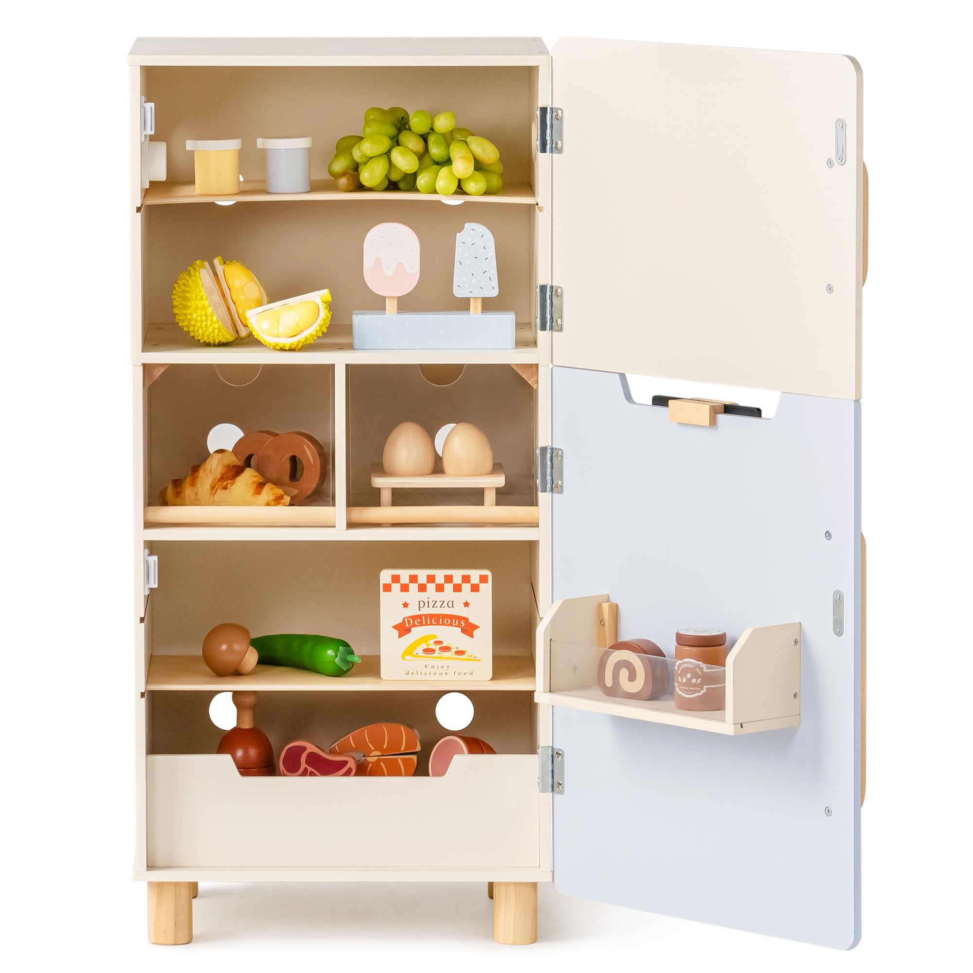 ROBUD Set da gioco con frigorifero in legno, frigorifero per giochi di finzione per bambini con lavagnetta, congelatore e accessori, frigorifero giocattolo bambini bambine 3+