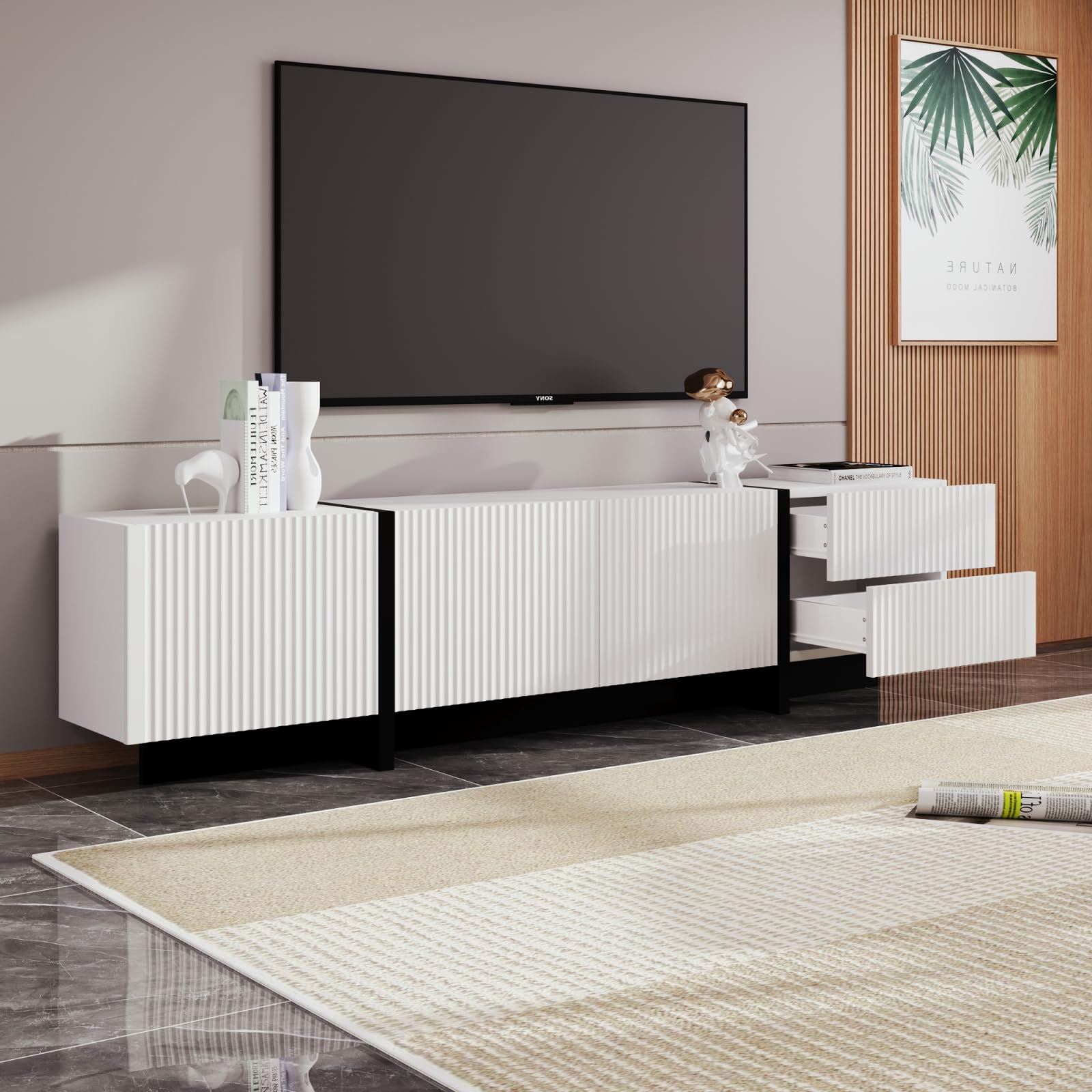 Mobile TV da 190 cm, mobile basso per TV con 3 ante e 2 cassetti, lucido per TV fino a 85 pollici, mobile TV per soggiorno, 190 x 35 x 45 cm, colore: bianco e nero