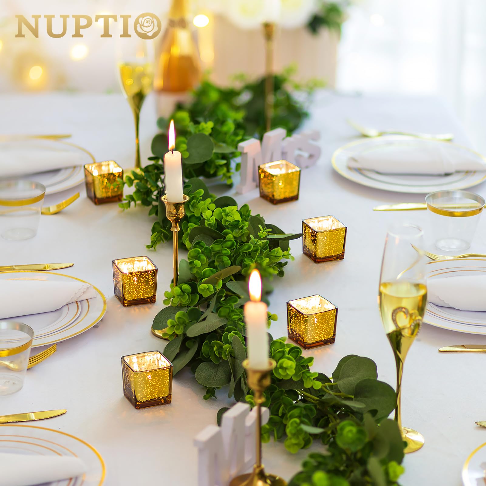 Nuptio Oro Portacandele In Vetro - Confezione 12 Portacandele Votive Tea Light Sfuso, Quadrato Speckled Mercurio Galleggiante Candele Soggiorno Natale Matrimonio Festa Candela razione Tavolo Cena