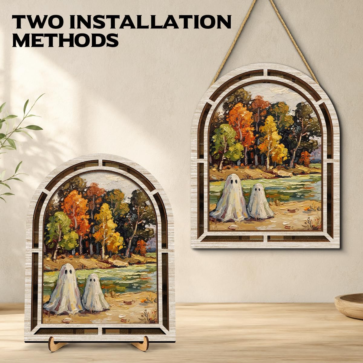 Halloween Two Ghosts Autumn Lake Shore Retro Wooden Wall Decor Sign image 2